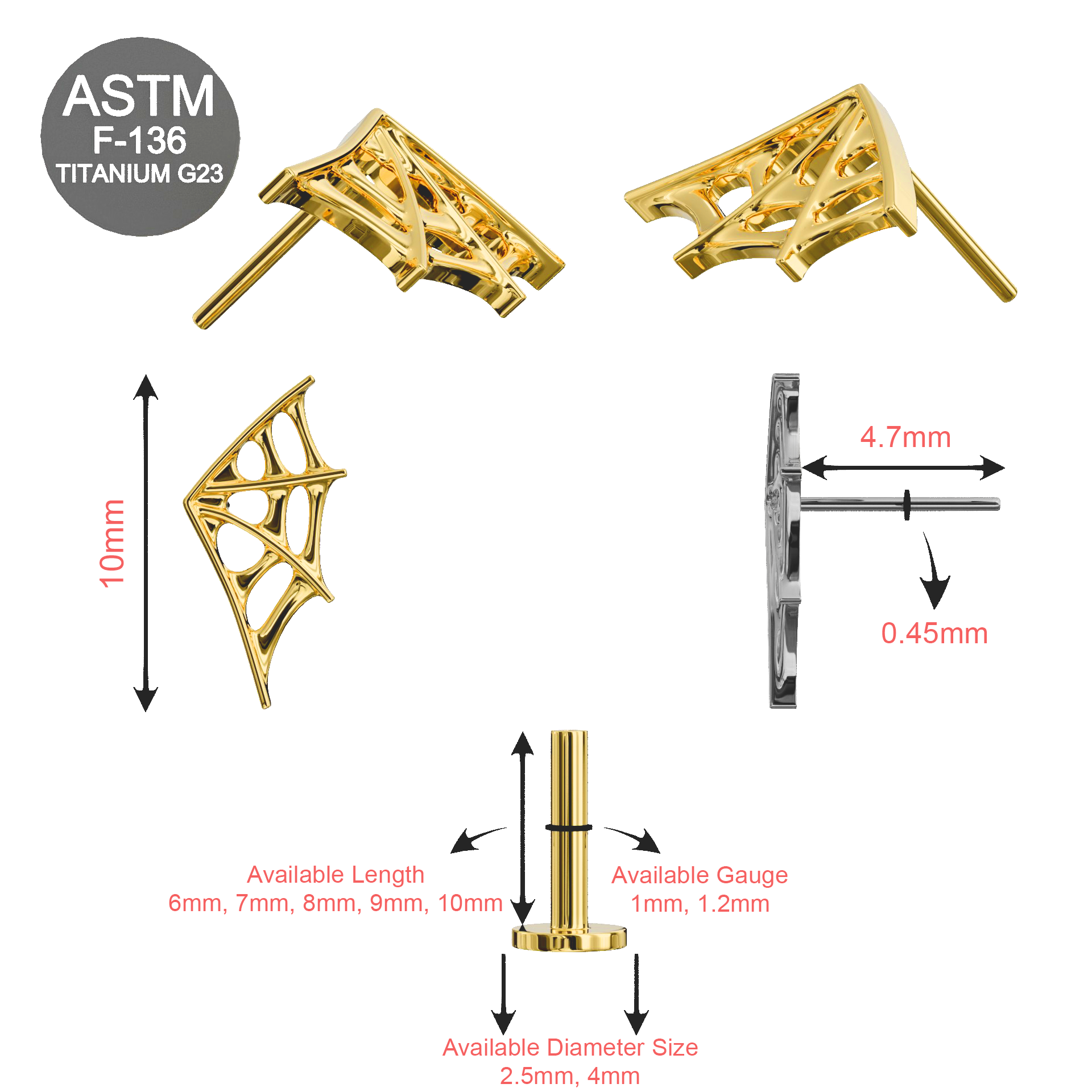 Spider Web Flatback Stud – G23 Titanium in gold finish with threadless push-fit design, hypoallergenic and ideal for cartilage or tragus piercings.