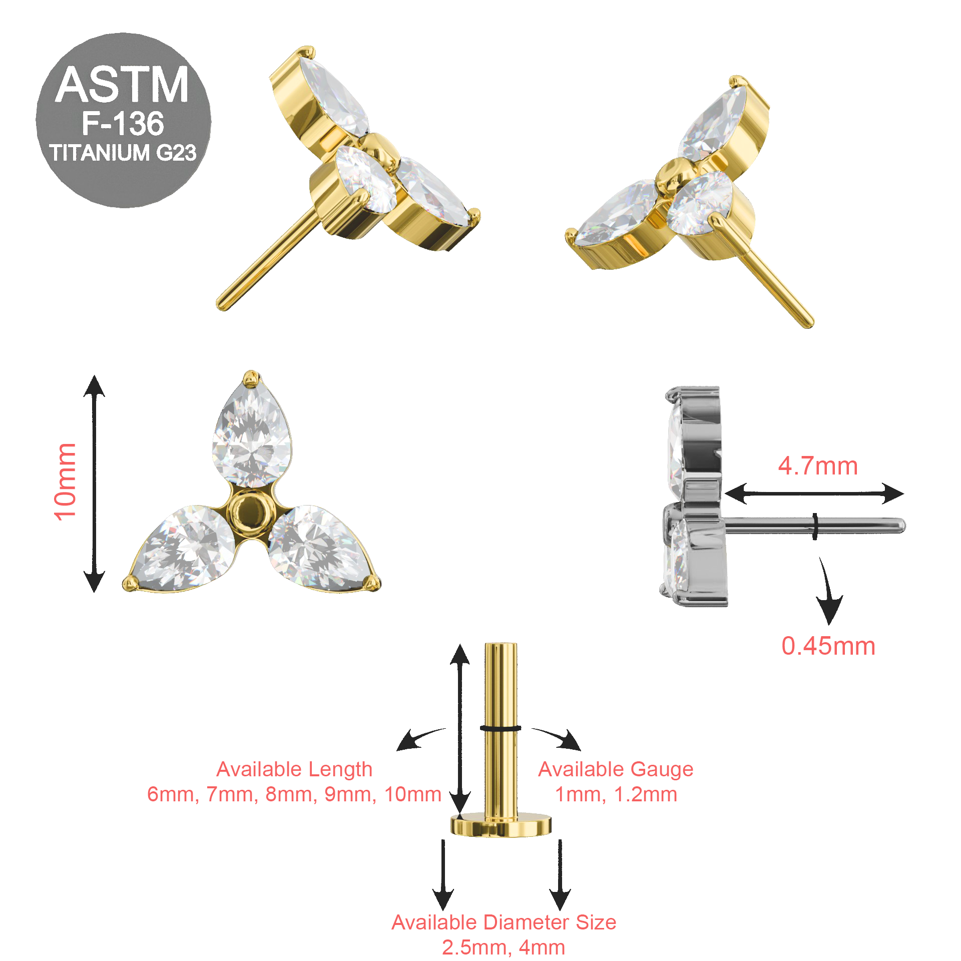 Detailed dimensions of G23 Titanium Triple CZ Flower Stud showing available lengths, gauges, and sizes for precise body jewelry fitting.