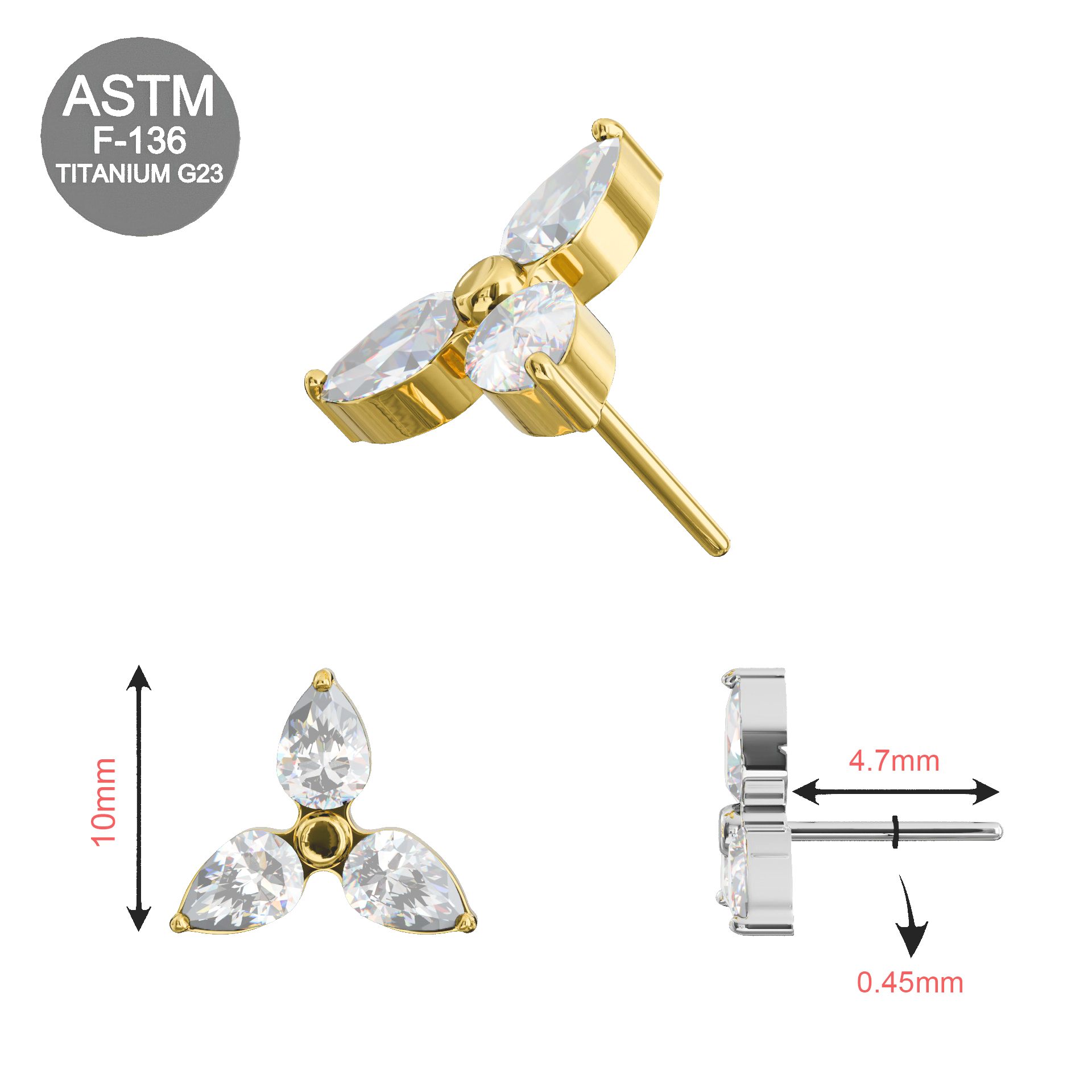 G23 titanium triple CZ flower threadless top dimensions