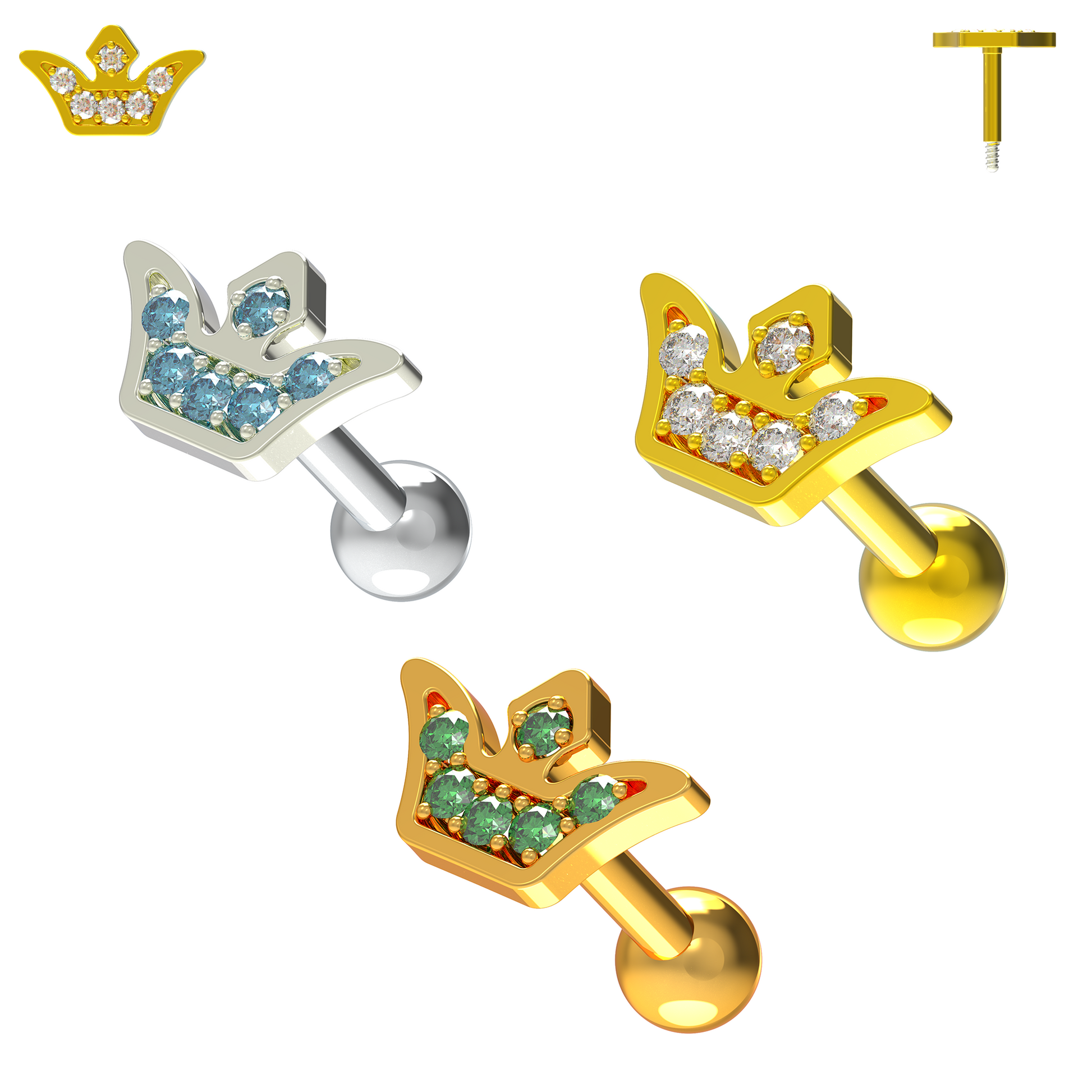 925 Sterling Silver Jewelled Crown Cartilage Stud - Monster Piercing