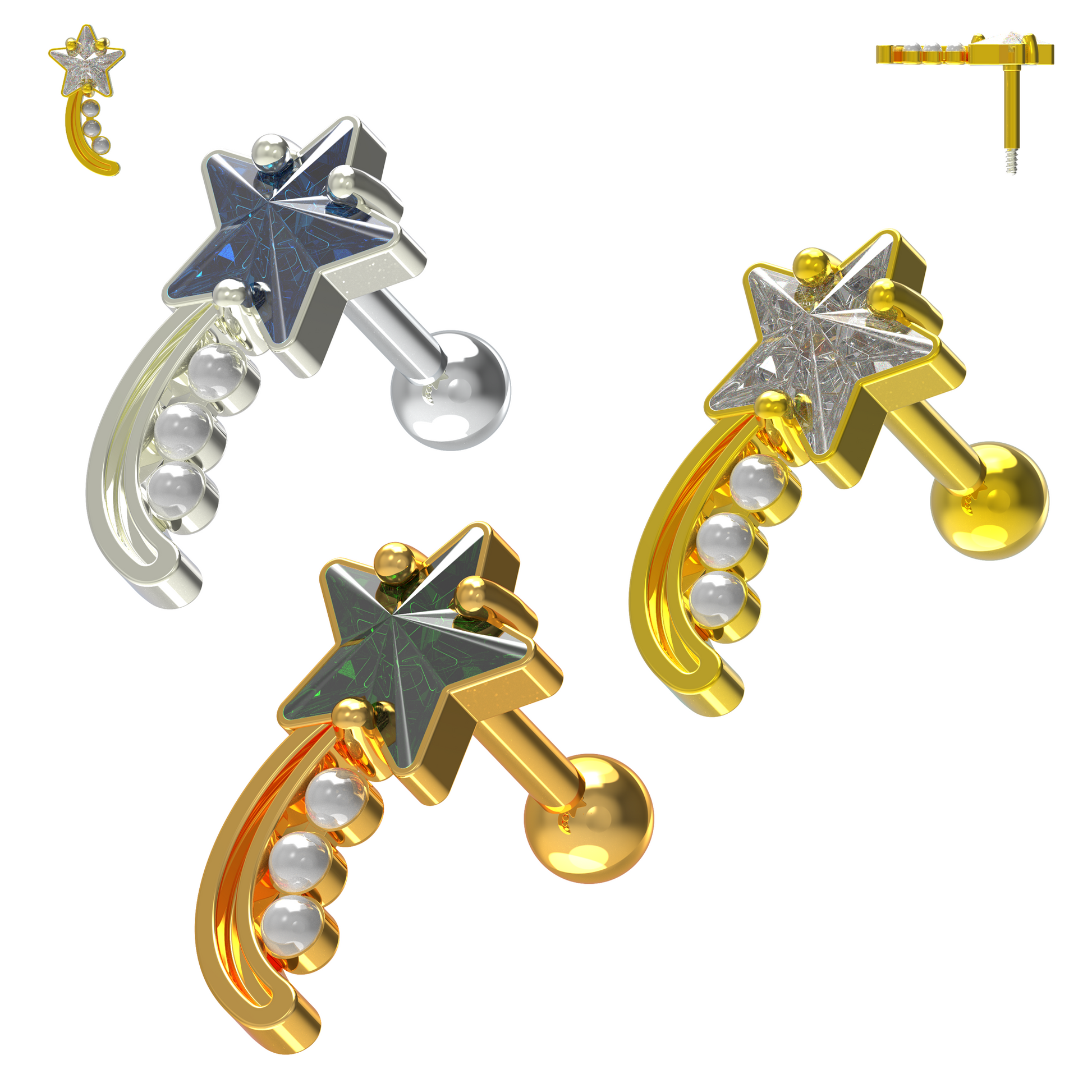 925 Sterling Silver Shooting Star & Pearl Cartilage Ear Stud - Monster Piercing