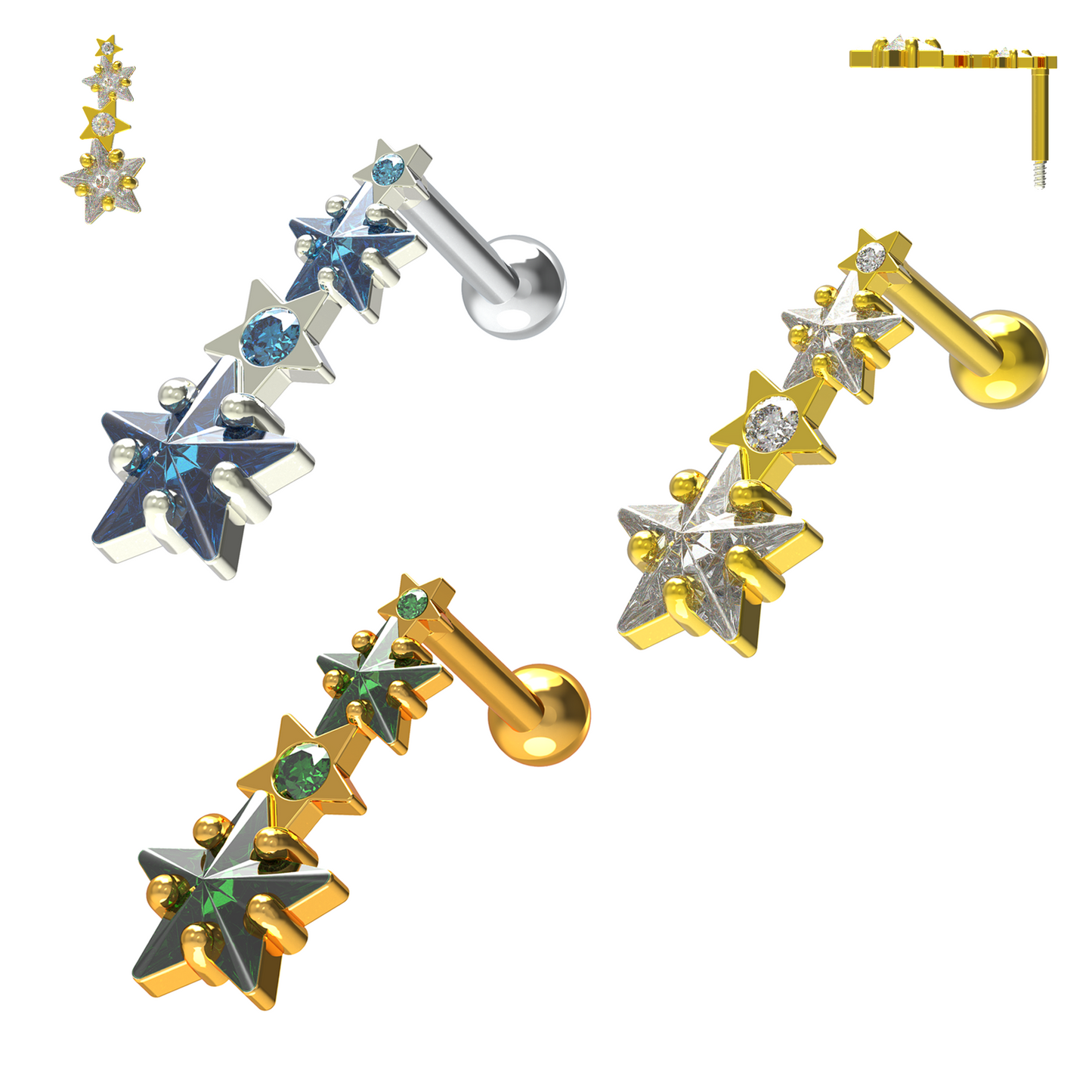 925 Sterling Silver Multiple Shooting Star Cartilage Ear Stud - Monster Piercing