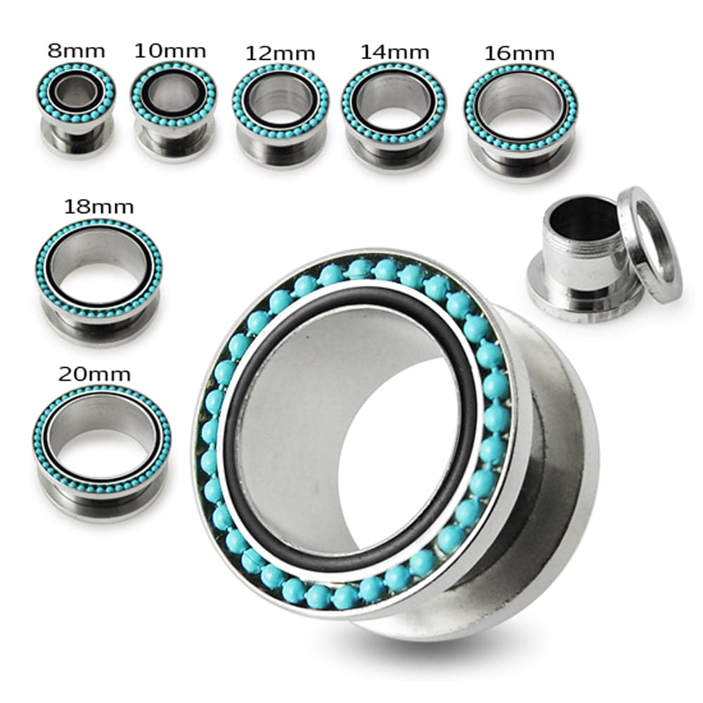 316L Surgical Steel With Turquoise Ball Edge Top Flesh Tunnel - Monster Piercing