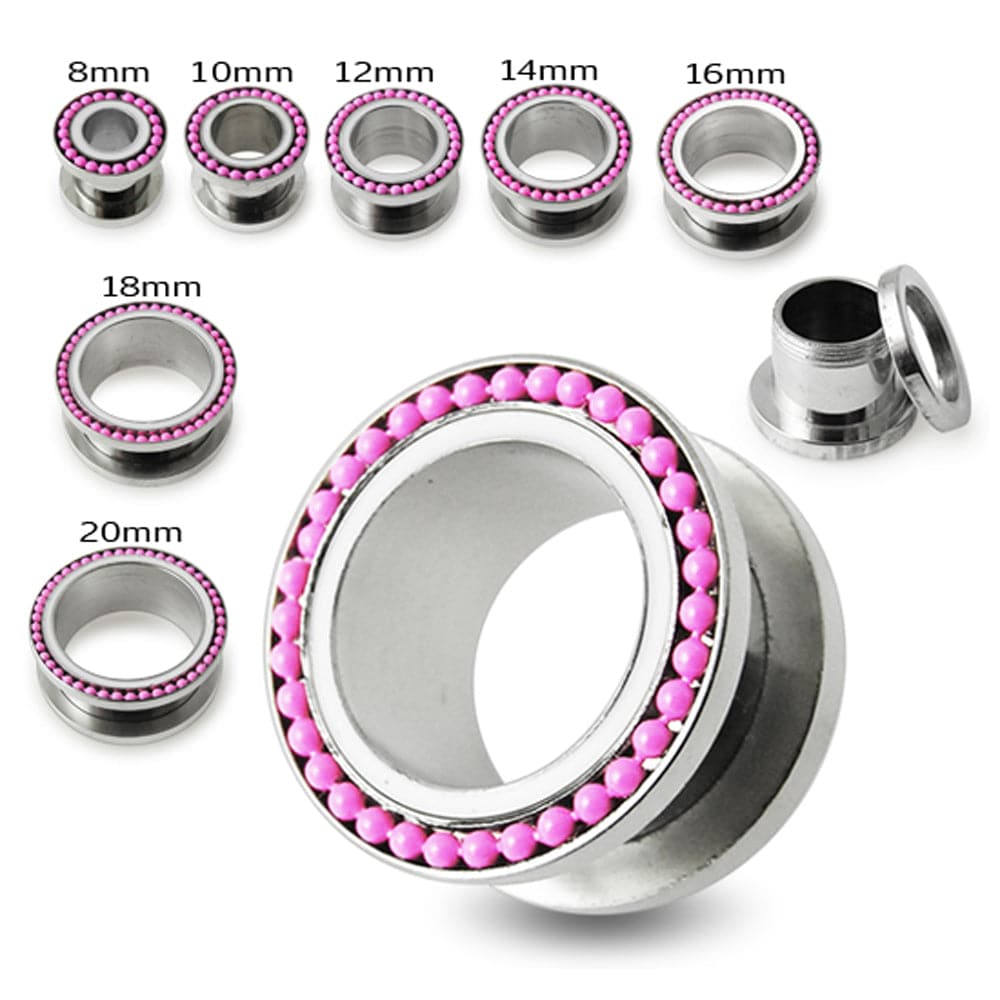 316L Surgical Steel Pink Ball Top White Edge Flesh Tunnel - Monster Piercing