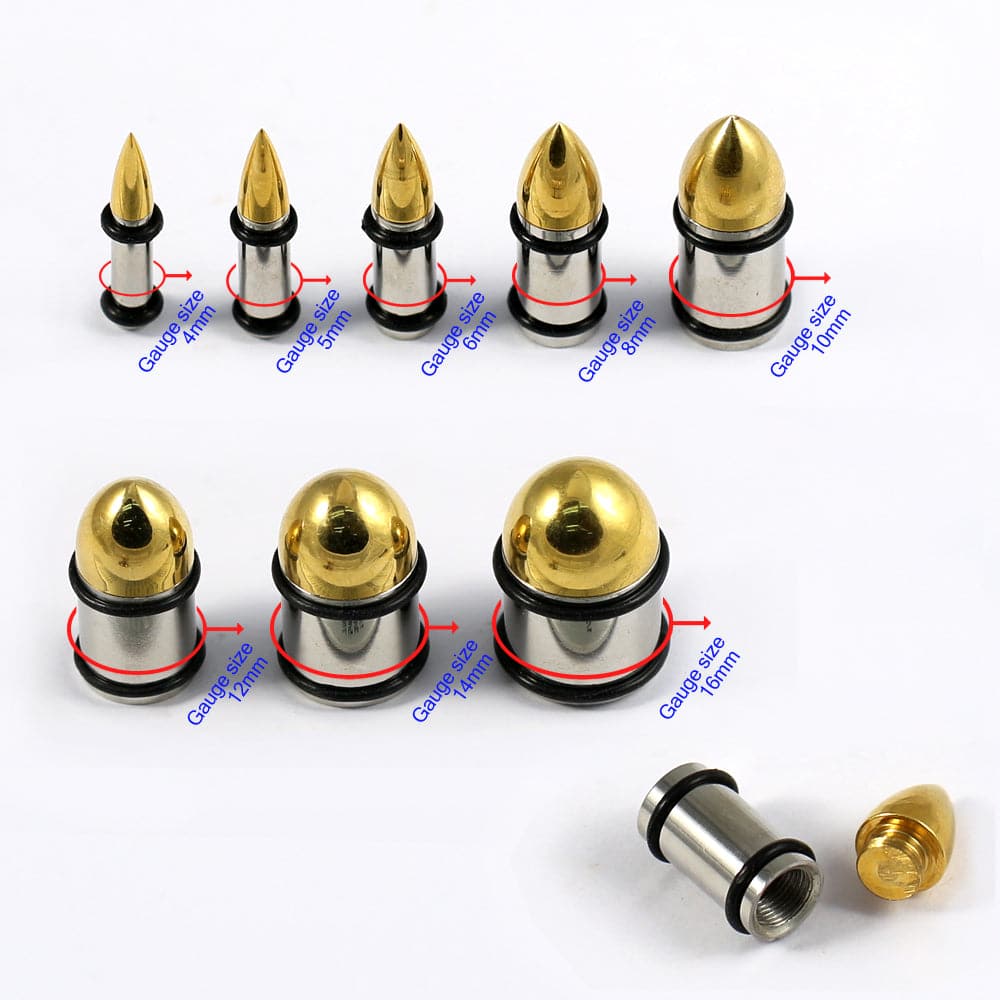 316L Surgical Steel & Gold Top Bullet with O-Rings Internally Threaded Tunnel - Monster Piercing