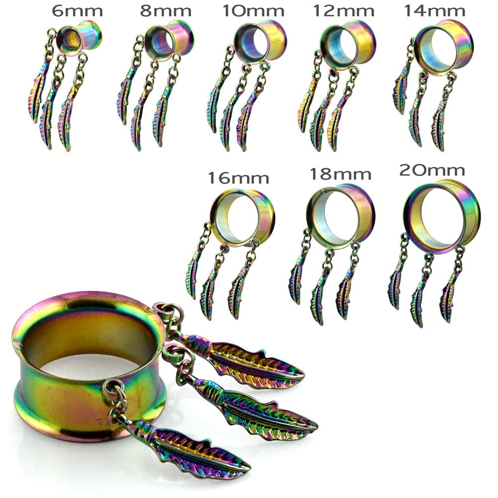 316L Surgical Steel Rainbow Dangling Leaves Internally Threaded Tunnel - Monster Piercing