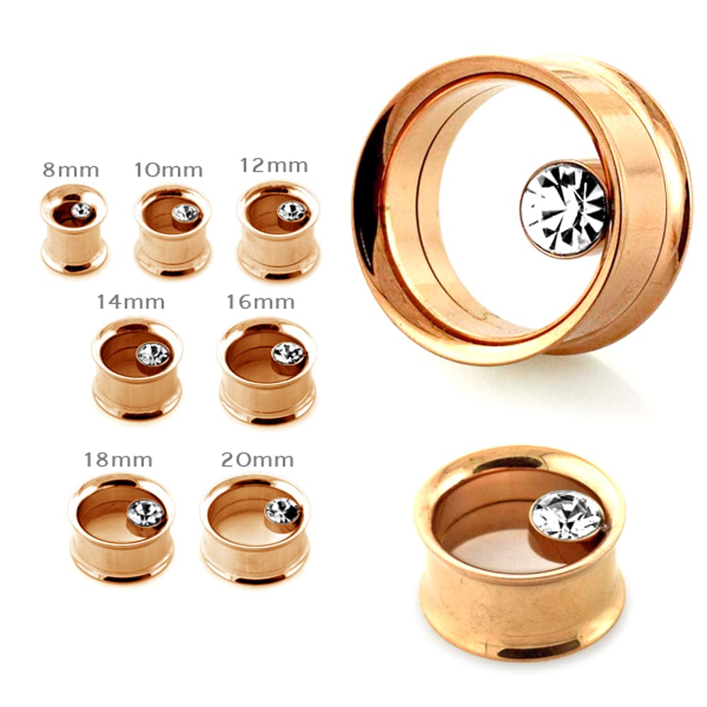 316L Surgical Steel Rose Gold Bezel Set Stone Internally Threaded Tunnel - Monster Piercing