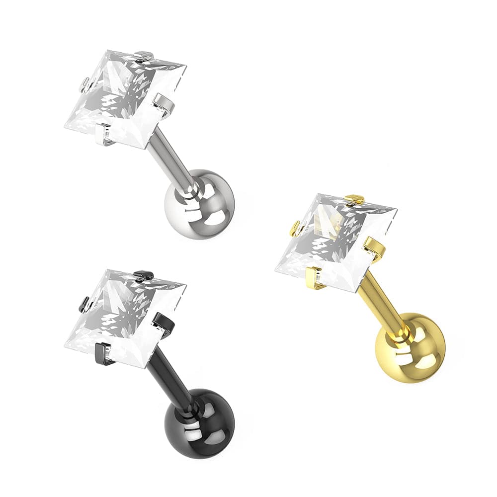 316L Tragus Bar with Clear Square Gem Top Stud - Monster Piercing