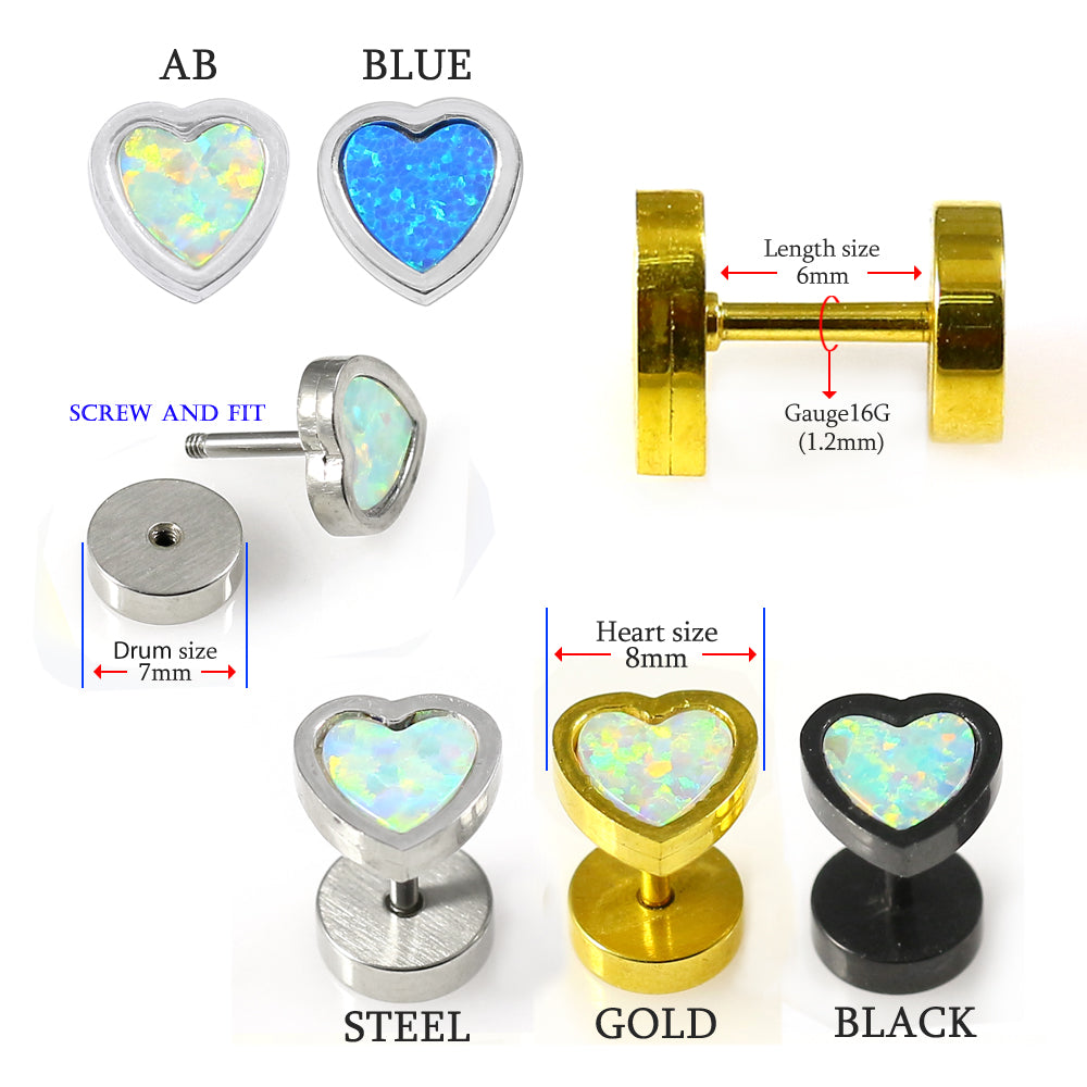 316L Surgical Steel Heart Pattern Opal Stone Fake Ear Plug - Monster Piercing