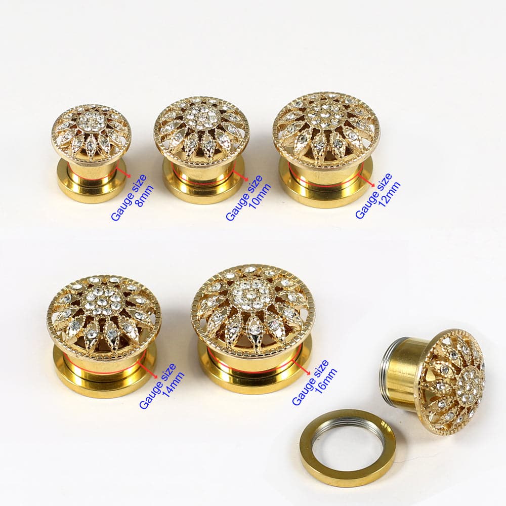 316L Surgical Steel Gold PVD Micro Jewelled Ear Flesh Tunnel - Monster Piercing