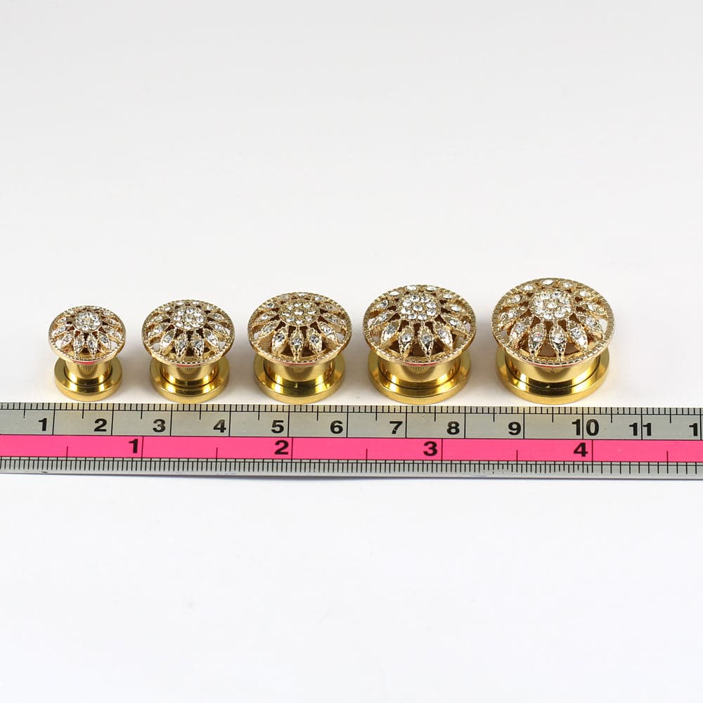 316L Surgical Steel Gold PVD Micro Jewelled Ear Flesh Tunnel - Monster Piercing