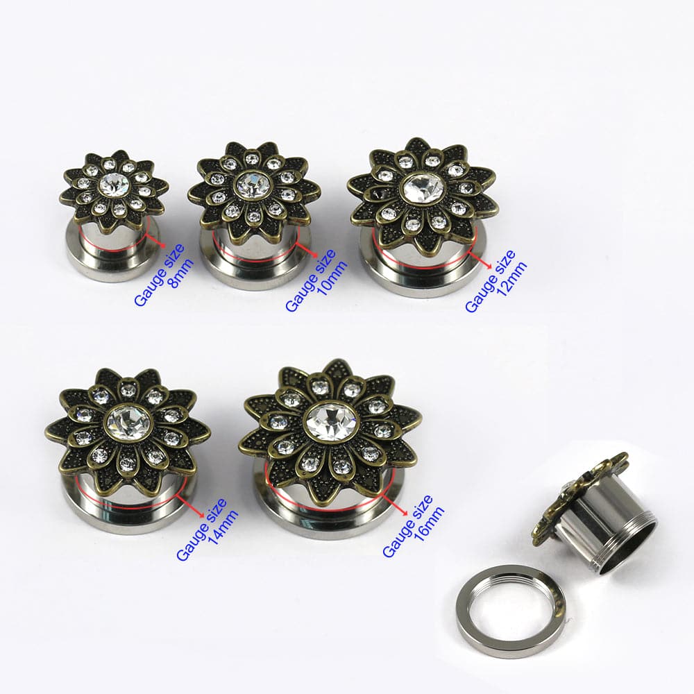 316L Surgical Steel Oxidised Flower Micro Jewelled CZ Stone Ear Flesh Tunnel - Monster Piercing