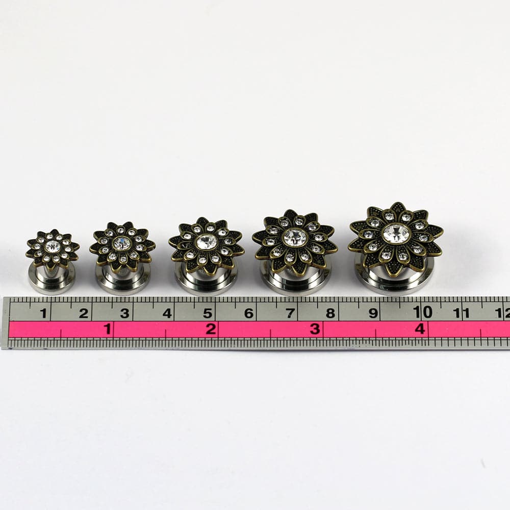 316L Surgical Steel Oxidised Flower Micro Jewelled CZ Stone Ear Flesh Tunnel - Monster Piercing