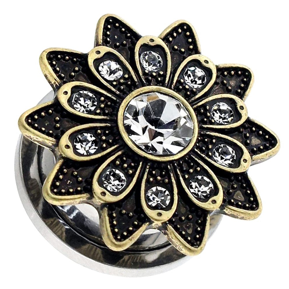 316L Surgical Steel Oxidised Flower Micro Jewelled CZ Stone Ear Flesh Tunnel - Monster Piercing