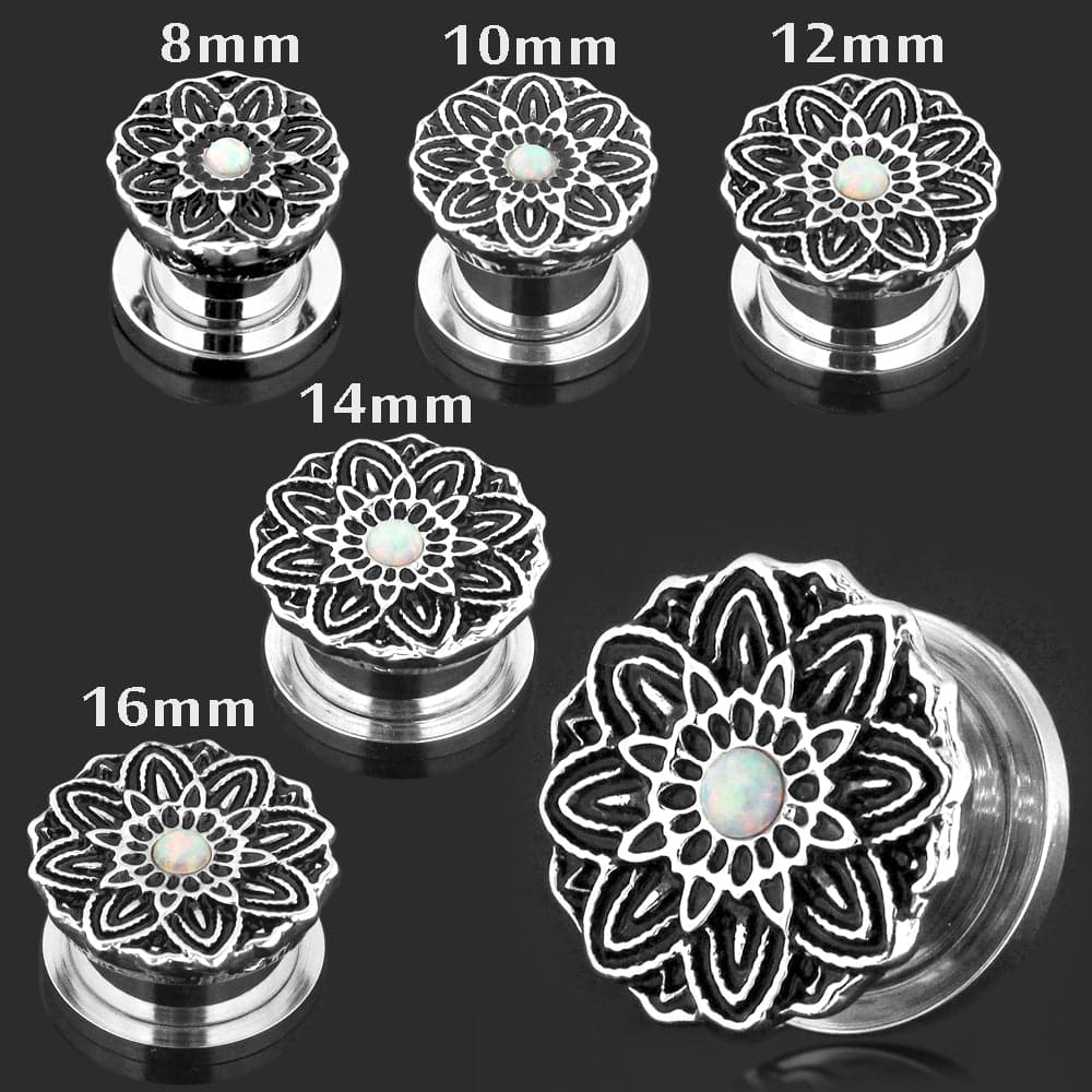 316L Surgical Steel Flower with Opal Stone Ear Flesh Tunnel - Monster Piercing