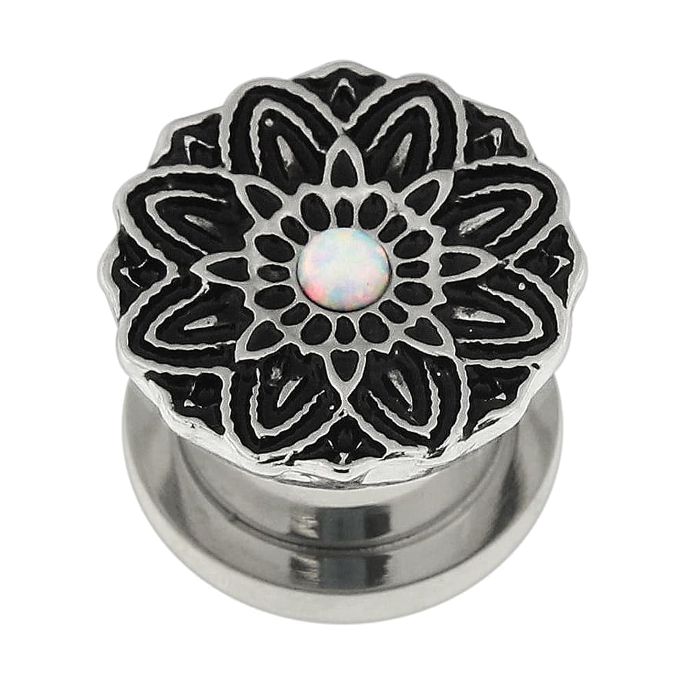 316L Surgical Steel Flower with Opal Stone Ear Flesh Tunnel - Monster Piercing