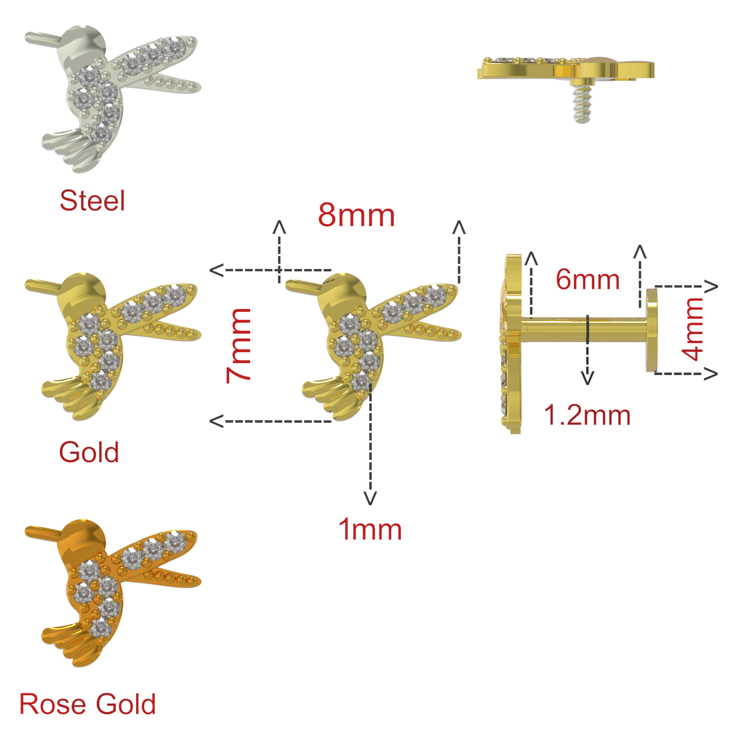 316L Surgical Steel CZ Jewelled Bird Internally Threaded Cartilage Stud - Monster Piercing