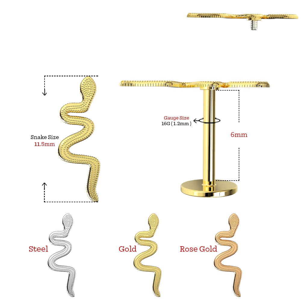 316L Surgical Steel Plane Snake Internally Threaded Flatback Stud - Monster Piercing