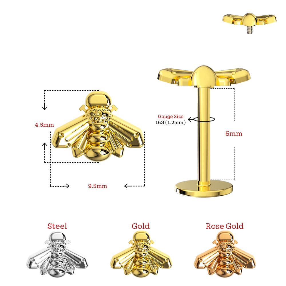 316L Surgical Steel Honeybee Internally Threaded Screw Fit Labret Stud - Monster Piercing