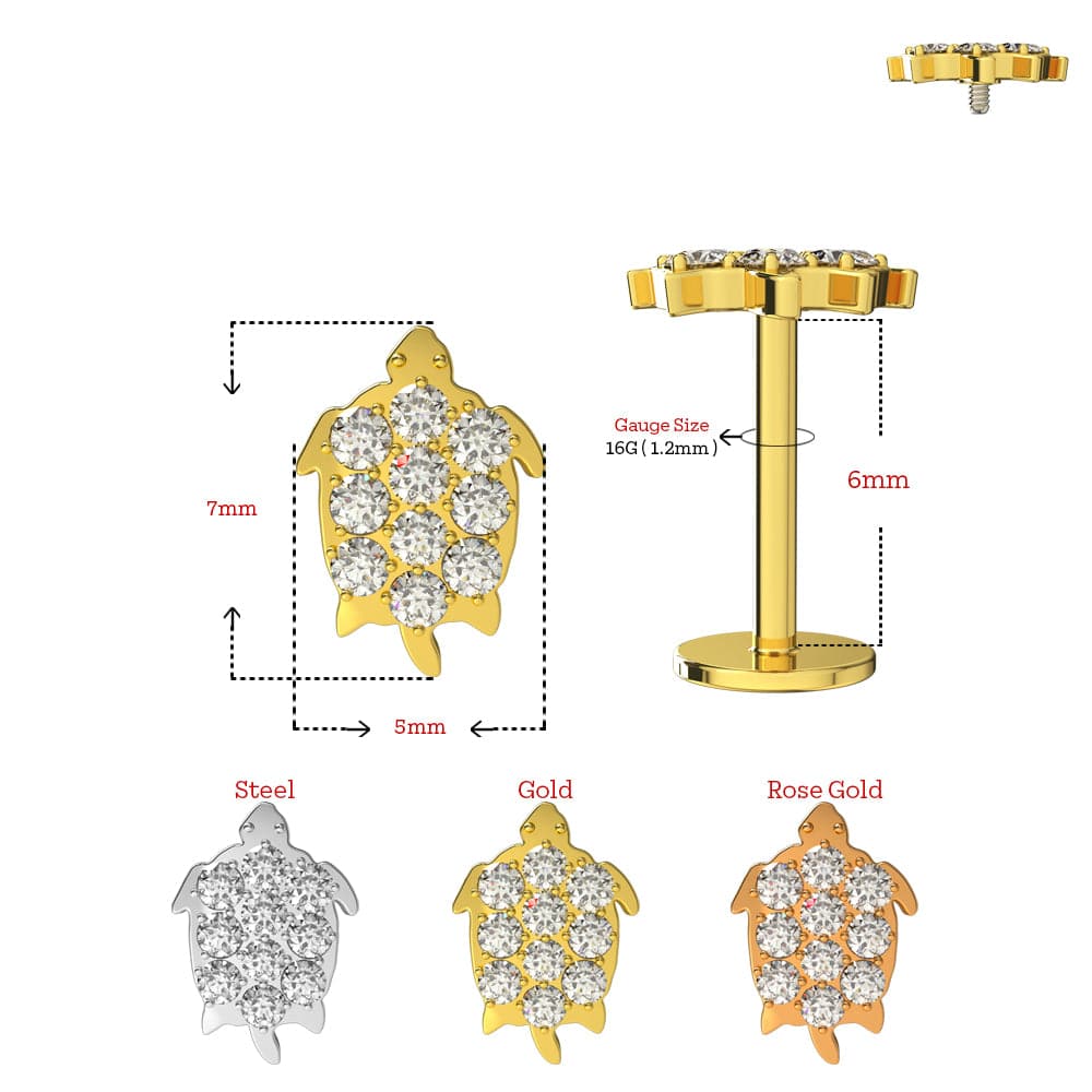 316L Surgical Steel Jewelled Turtle Internally Threaded Screw Fit Labret Stud - Monster Piercing