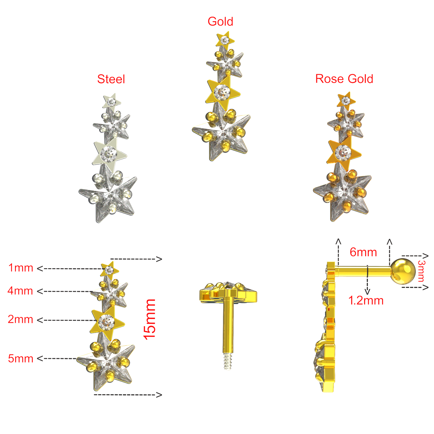 925 Sterling Silver Multiple Shooting Star Cartilage Ear Stud - Monster Piercing