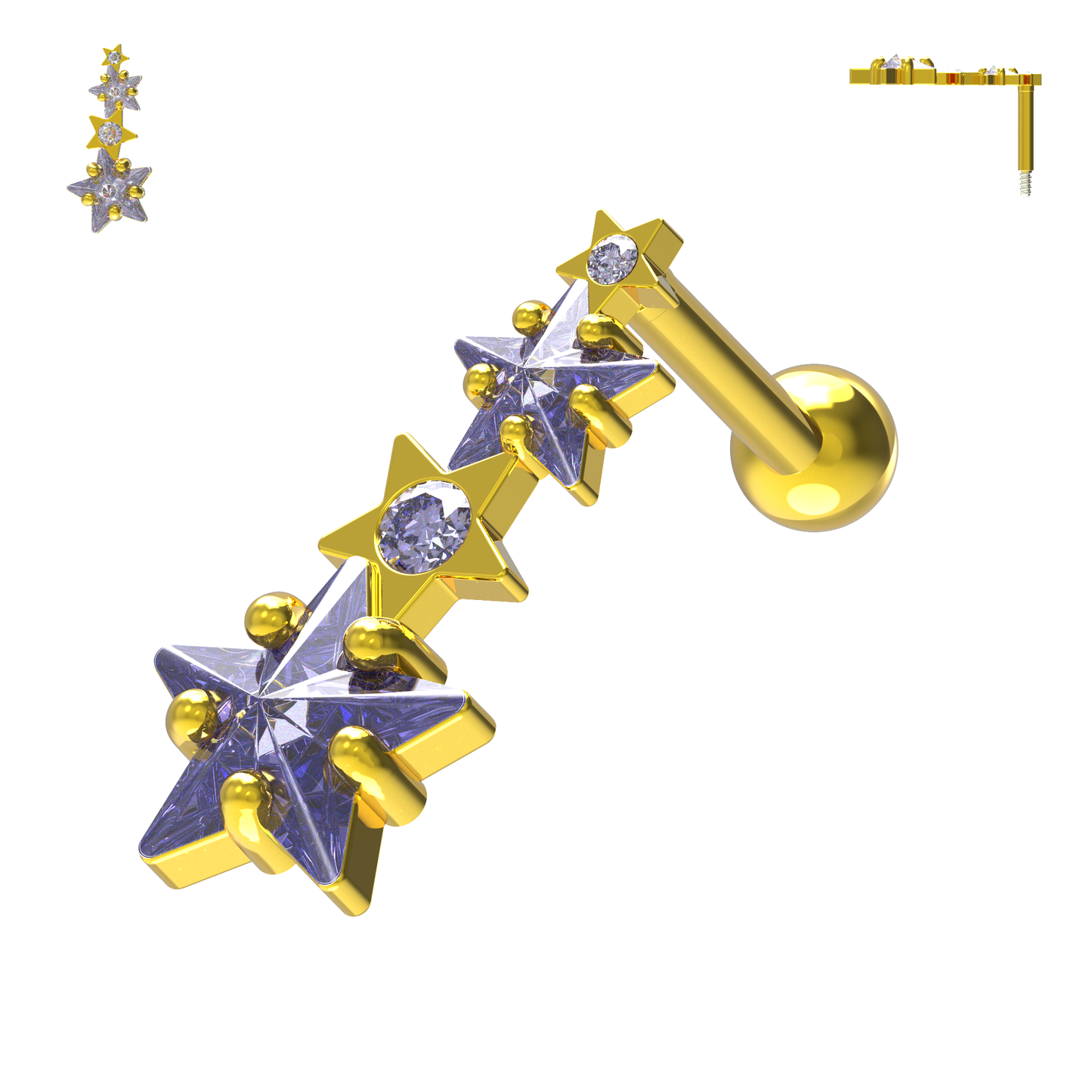 925 Sterling Silver Multiple Shooting Star Cartilage Ear Stud - Monster Piercing