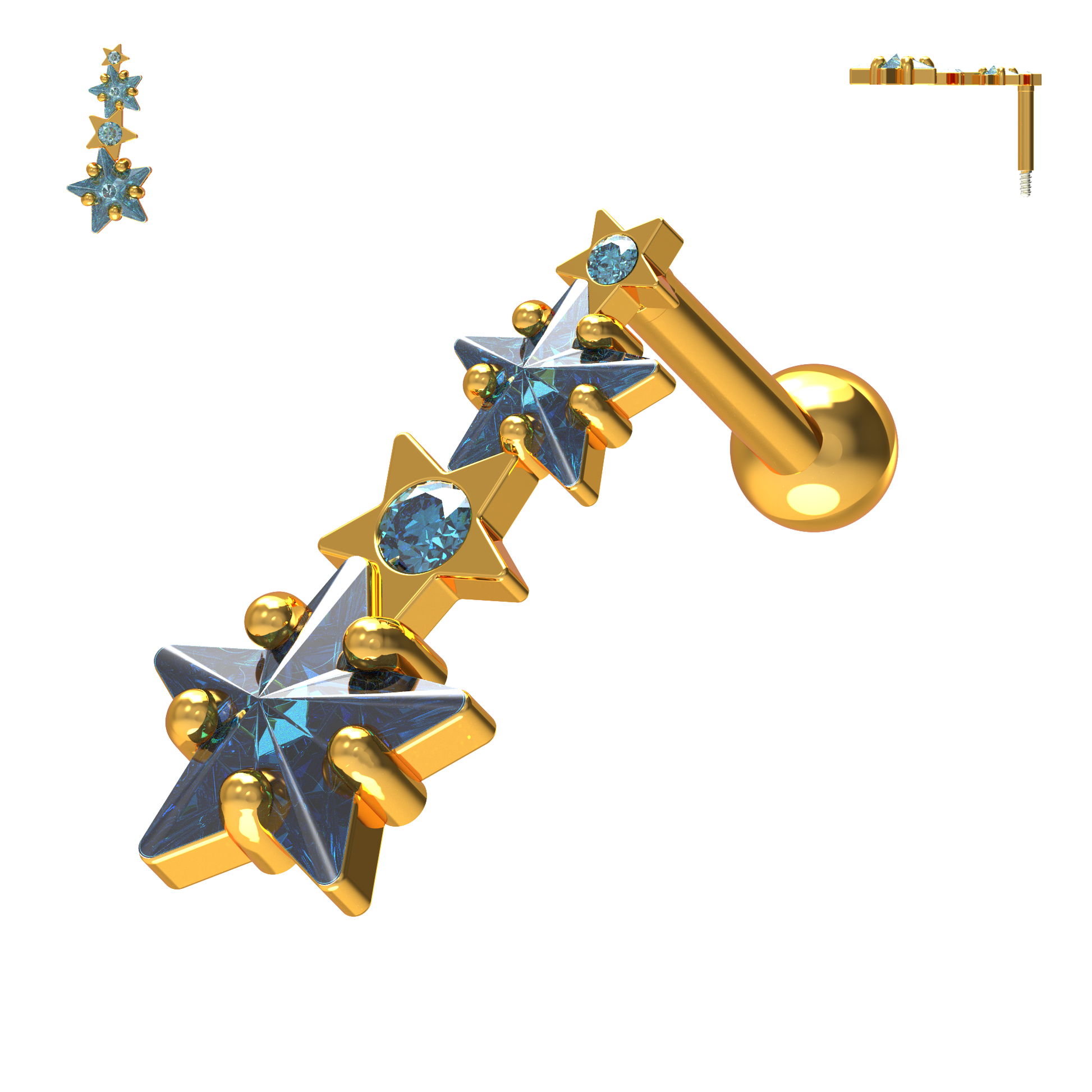 925 Sterling Silver Multiple Shooting Star Cartilage Ear Stud - Monster Piercing