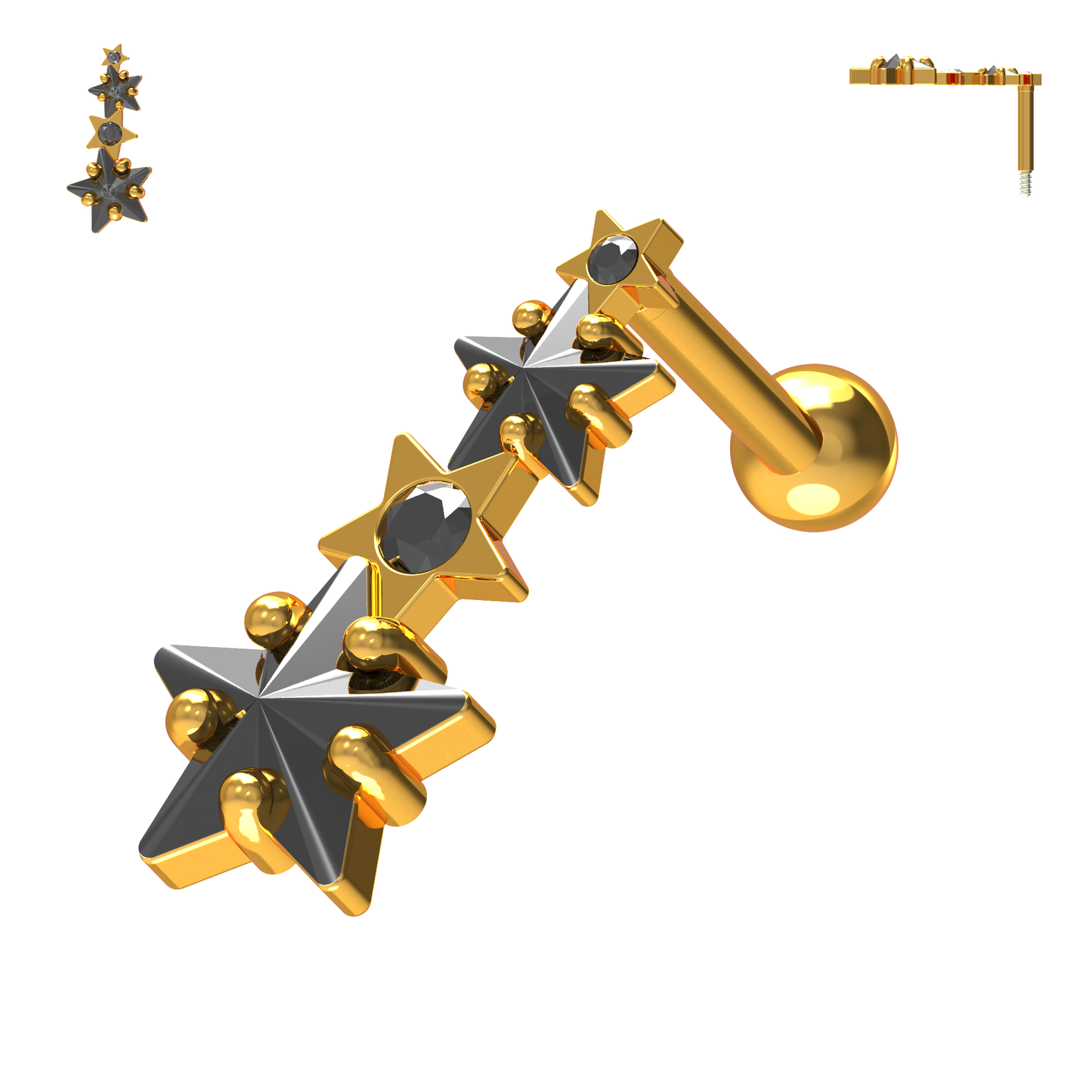 925 Sterling Silver Multiple Shooting Star Cartilage Ear Stud - Monster Piercing