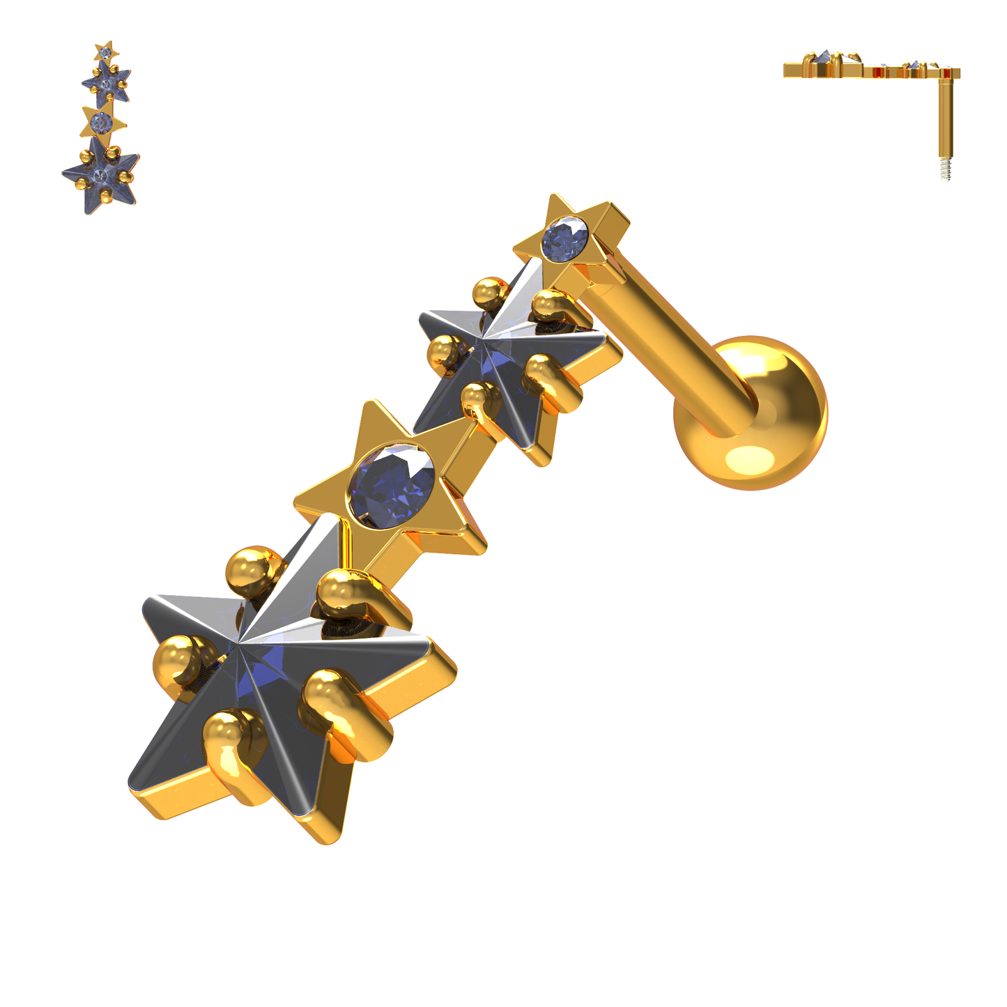 925 Sterling Silver Multiple Shooting Star Cartilage Ear Stud - Monster Piercing