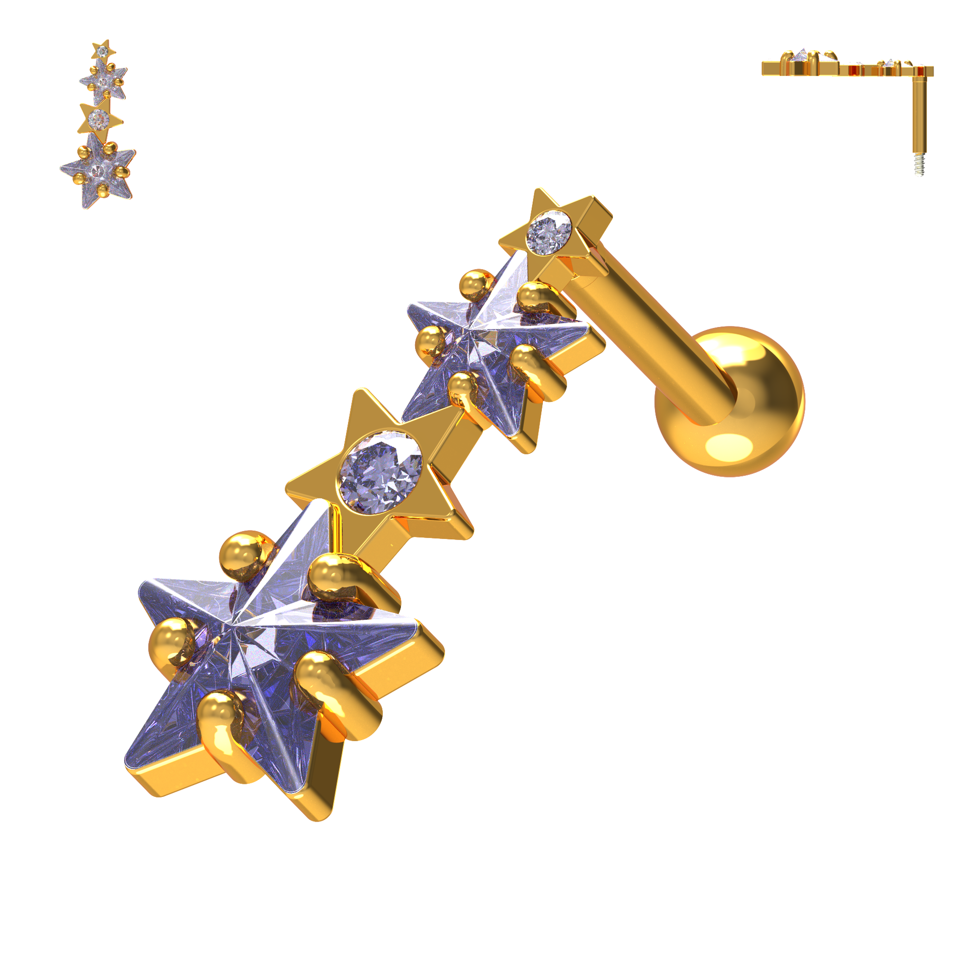 925 Sterling Silver Multiple Shooting Star Cartilage Ear Stud - Monster Piercing