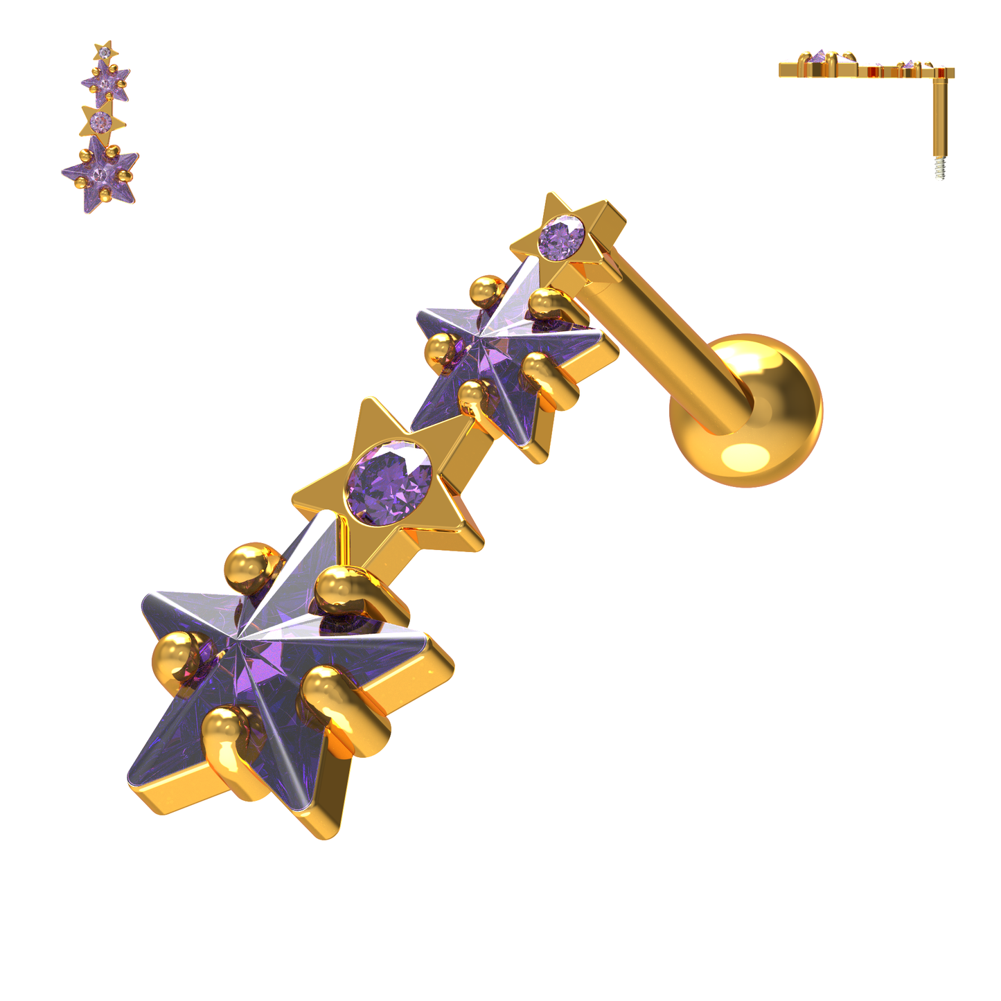 925 Sterling Silver Multiple Shooting Star Cartilage Ear Stud - Monster Piercing