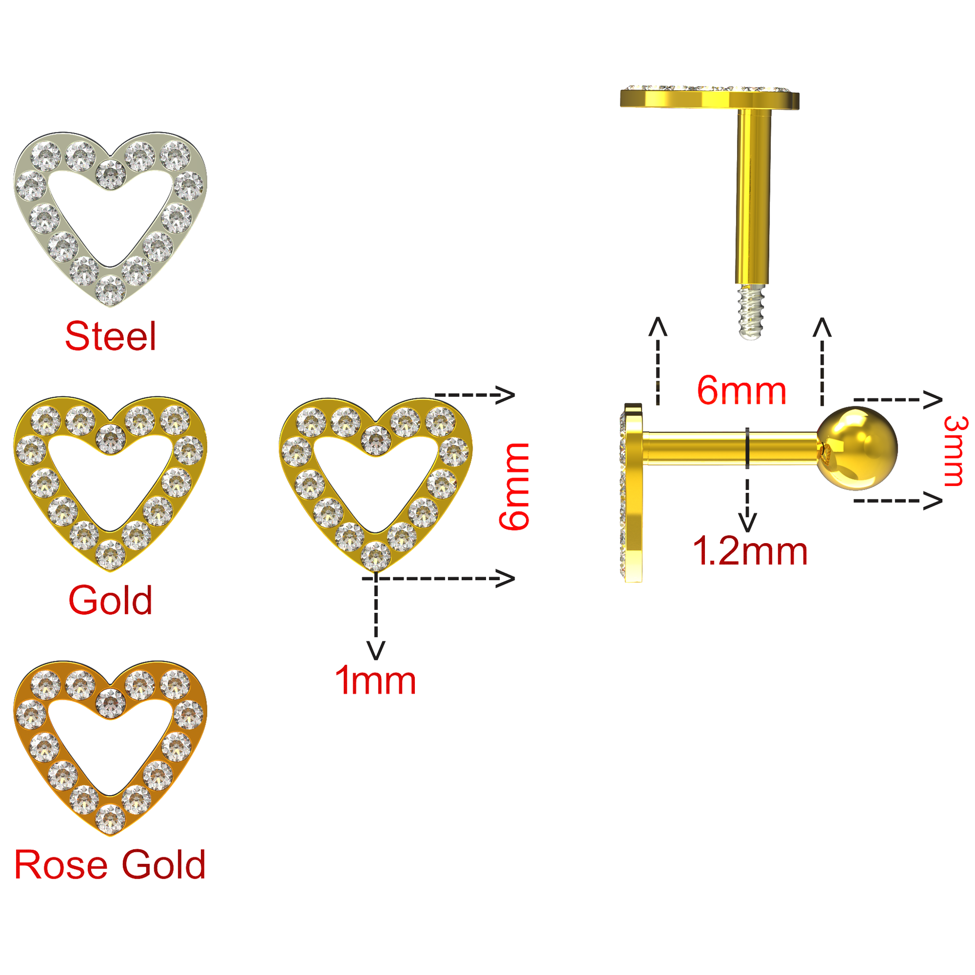 925 Sterling Silver Jewelled Heart Cartilage Ear Stud - Monster Piercing