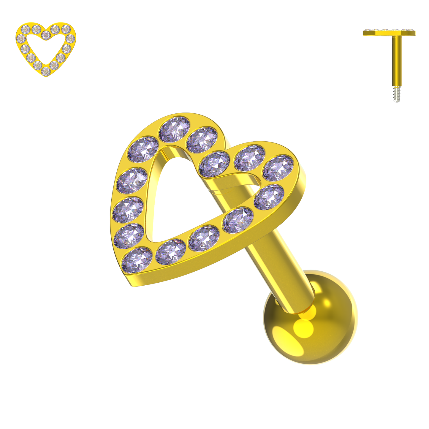 925 Sterling Silver Jewelled Heart Cartilage Ear Stud - Monster Piercing