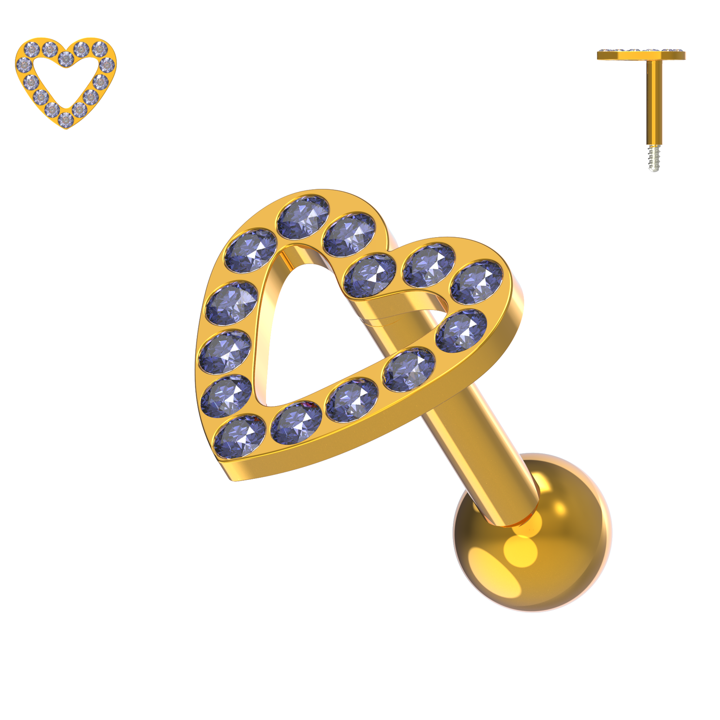 925 Sterling Silver Jewelled Heart Cartilage Ear Stud - Monster Piercing