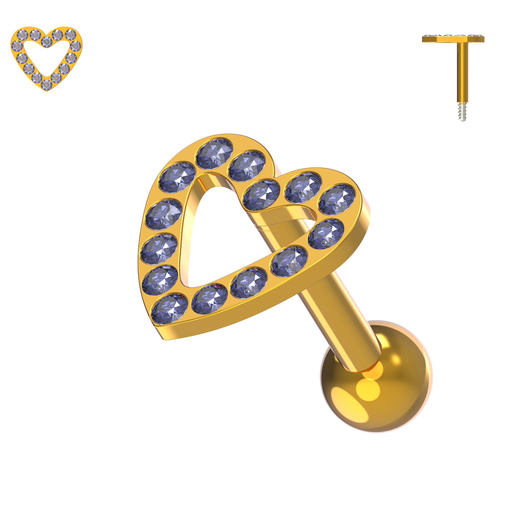 925 Sterling Silver Jewelled Heart Cartilage Ear Stud - Monster Piercing