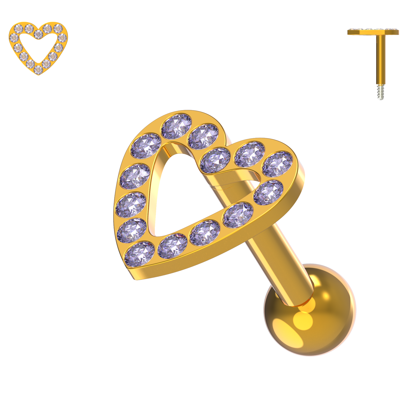 925 Sterling Silver Jewelled Heart Cartilage Ear Stud - Monster Piercing