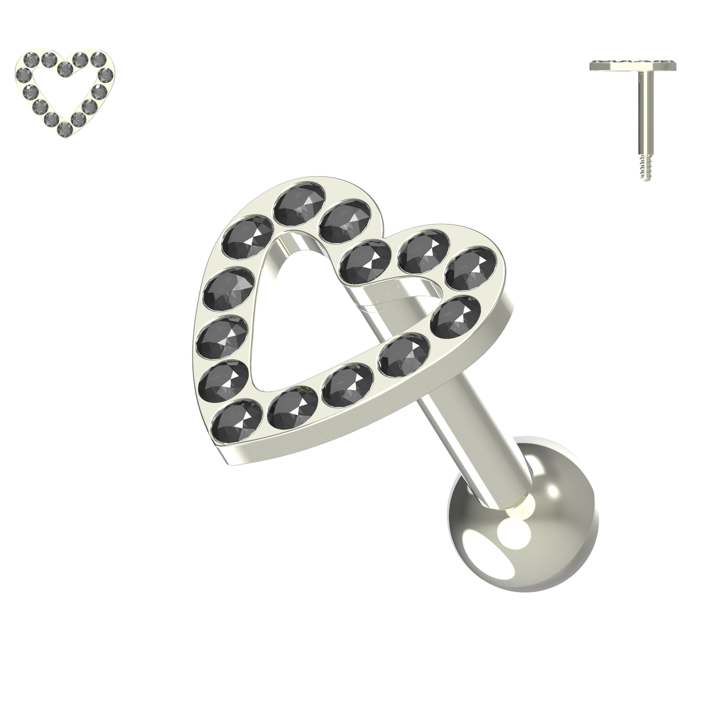 925 Sterling Silver Jewelled Heart Cartilage Ear Stud - Monster Piercing
