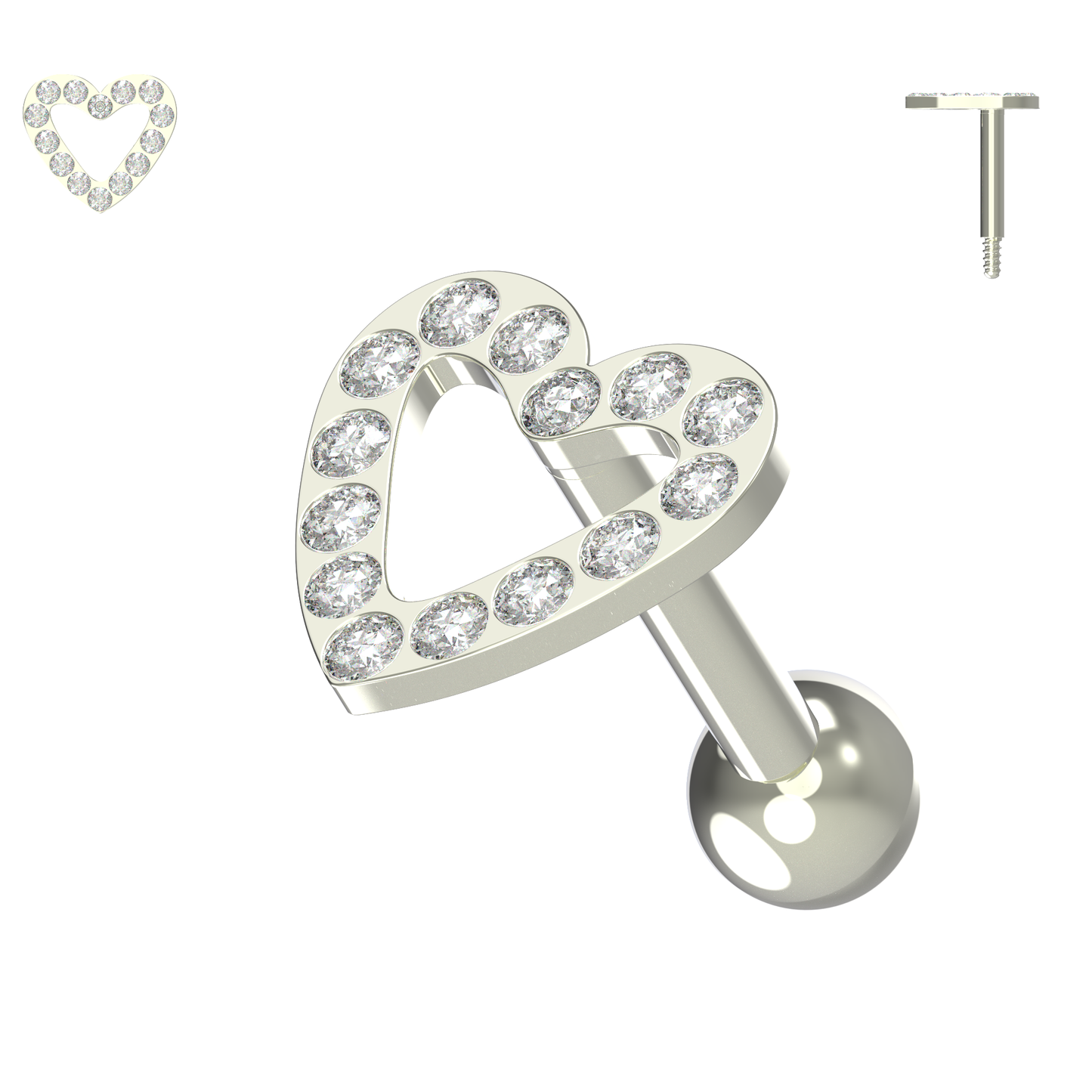 925 Sterling Silver Jewelled Heart Cartilage Ear Stud - Monster Piercing