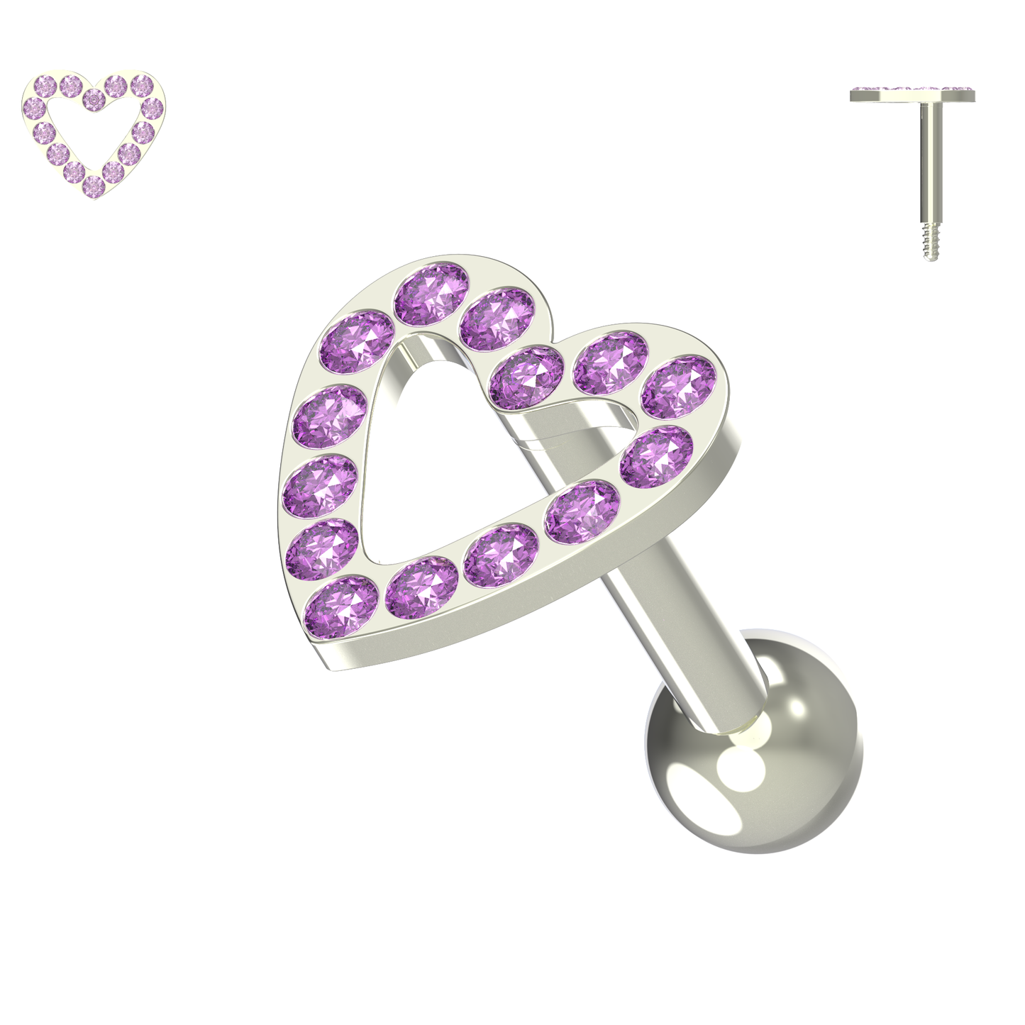 925 Sterling Silver Jewelled Heart Cartilage Ear Stud - Monster Piercing