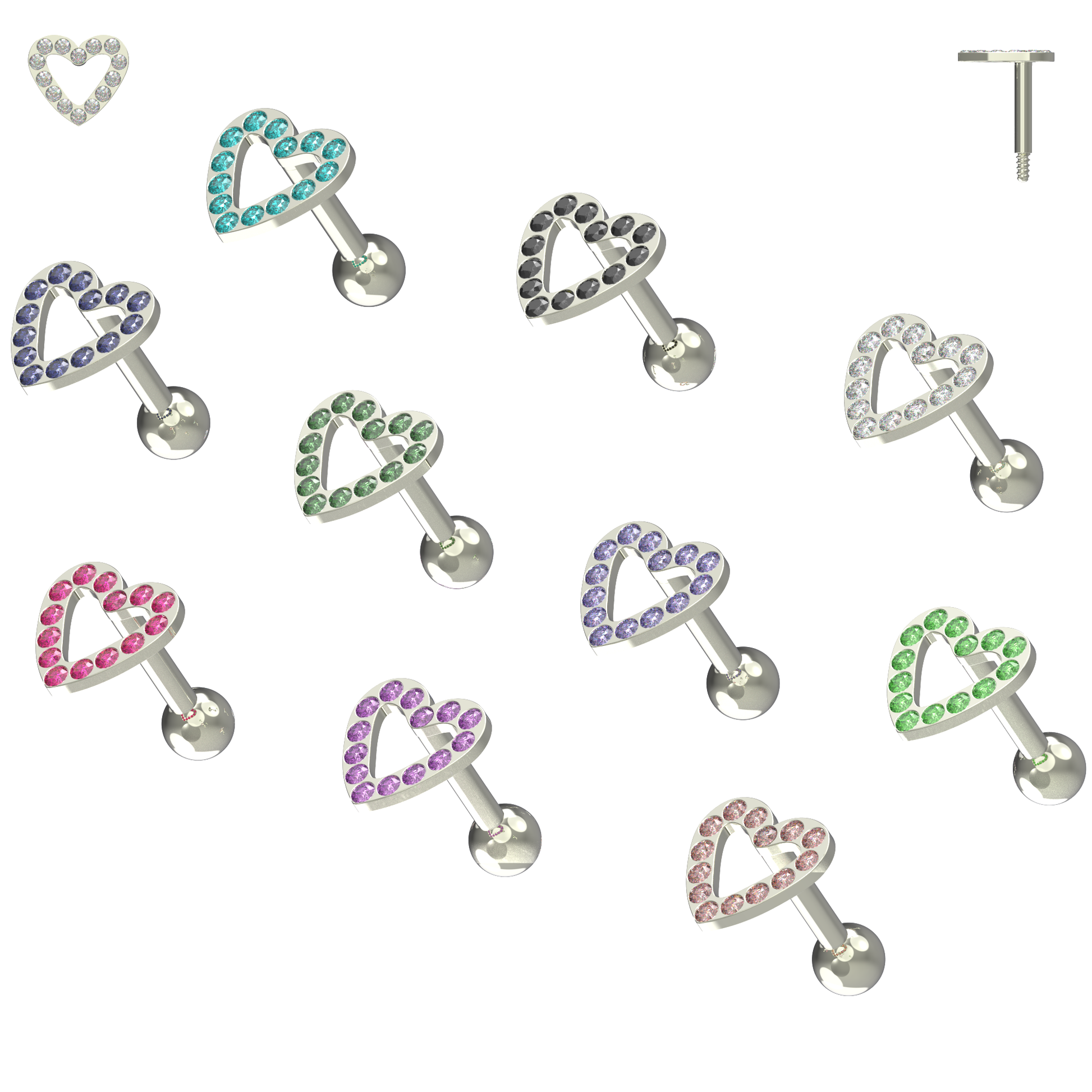 925 Sterling Silver Jewelled Heart Cartilage Ear Stud - Monster Piercing