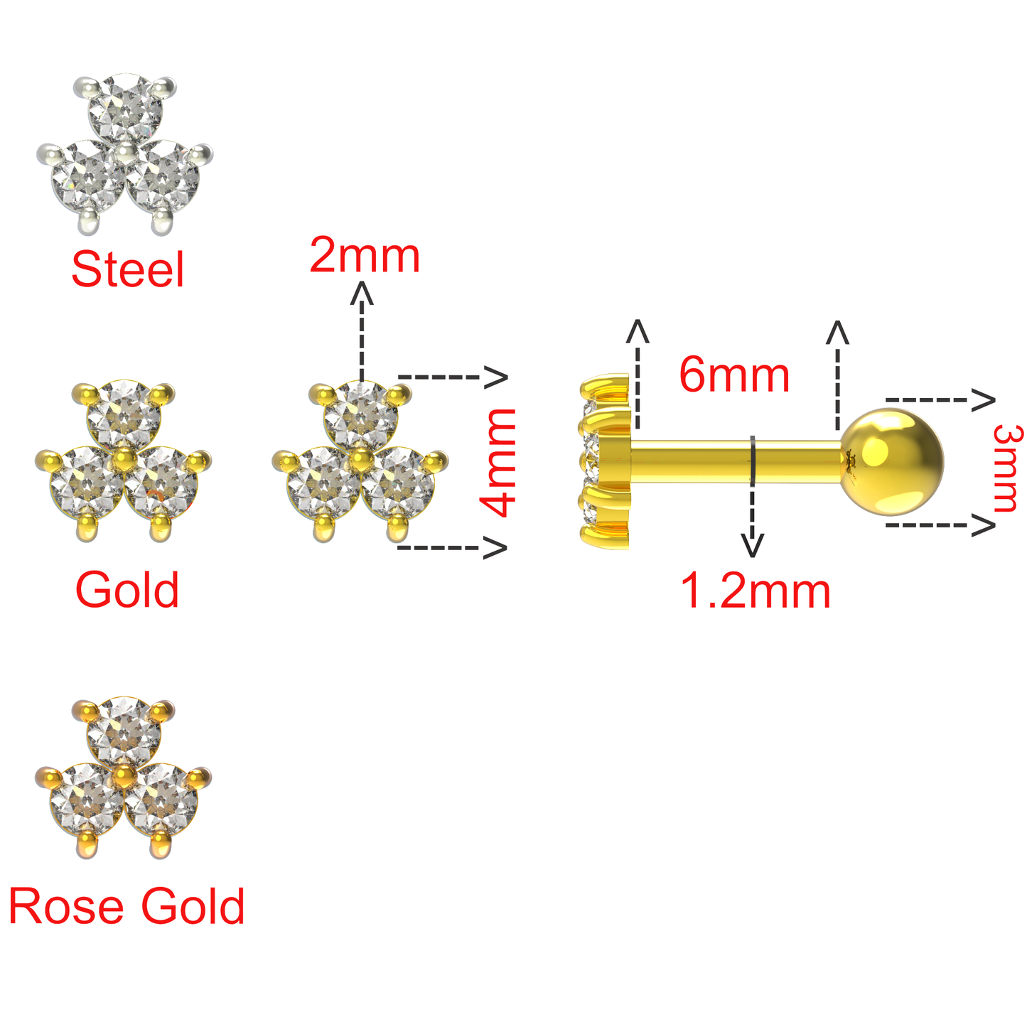 925 Sterling Silver Triple Gemstone Cartilage Ear Stud - Monster Piercing