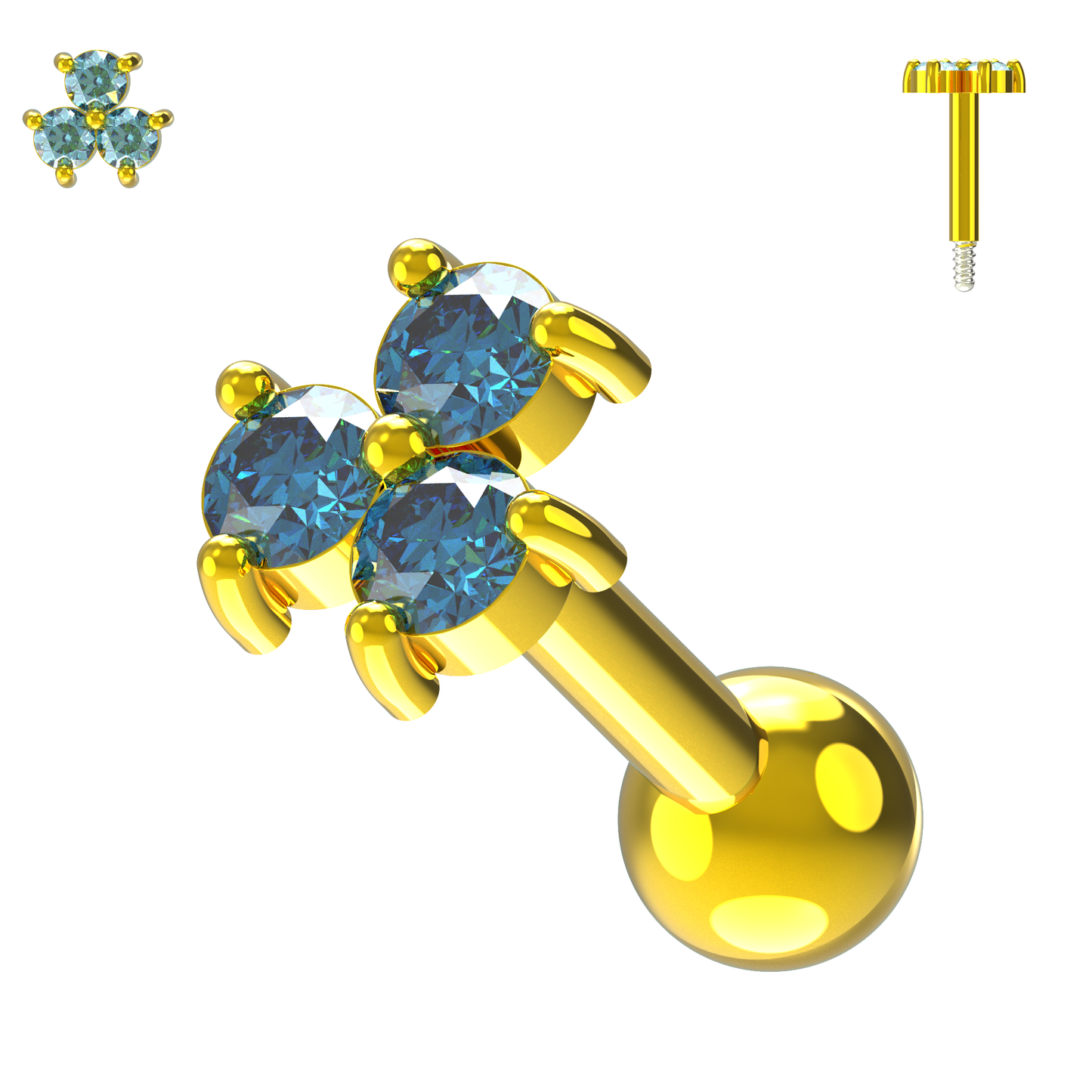 925 Sterling Silver Triple Gemstone Cartilage Ear Stud - Monster Piercing