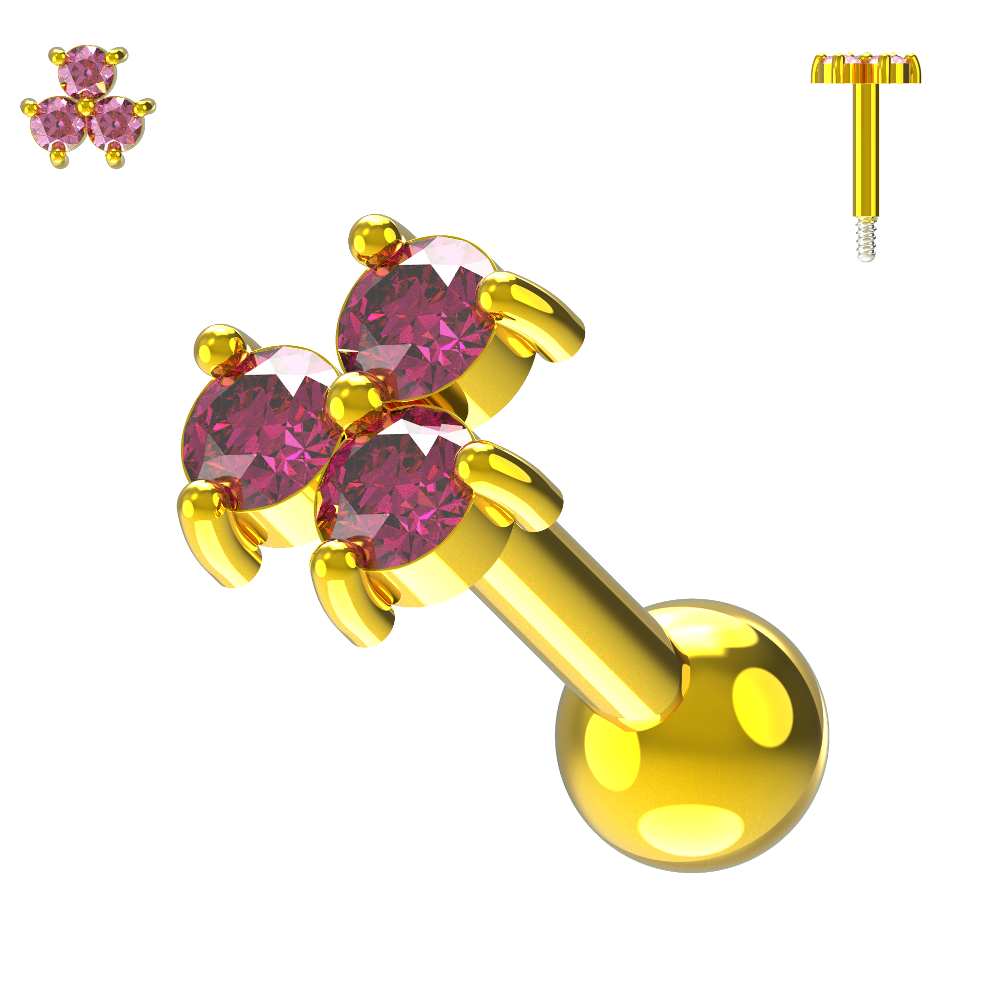 925 Sterling Silver Triple Gemstone Cartilage Ear Stud - Monster Piercing