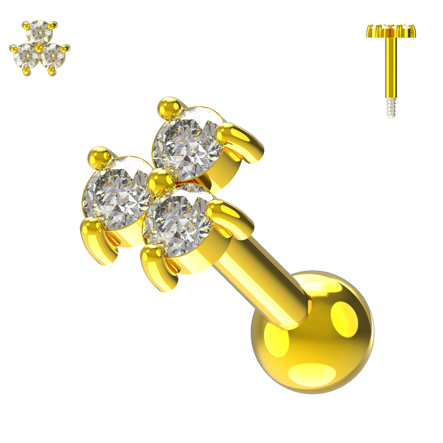 925 Sterling Silver Triple Gemstone Cartilage Ear Stud - Monster Piercing