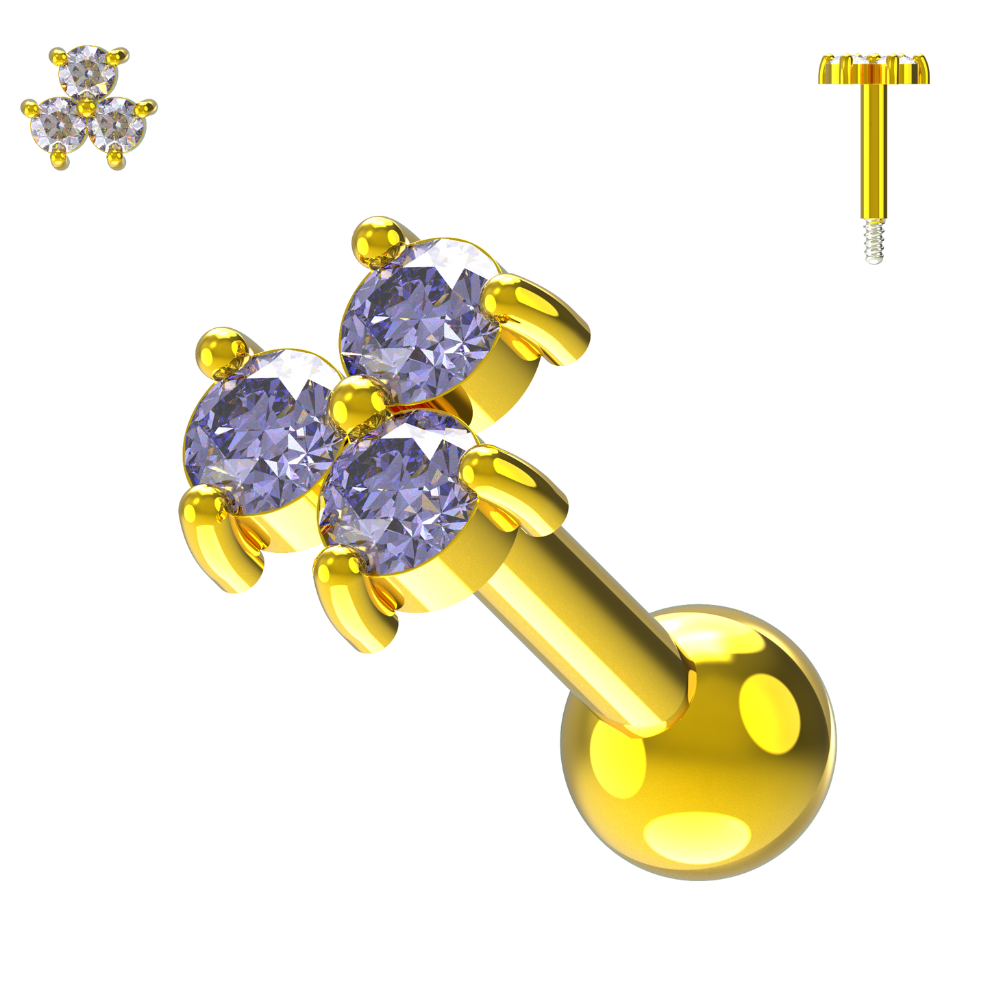 925 Sterling Silver Triple Gemstone Cartilage Ear Stud - Monster Piercing