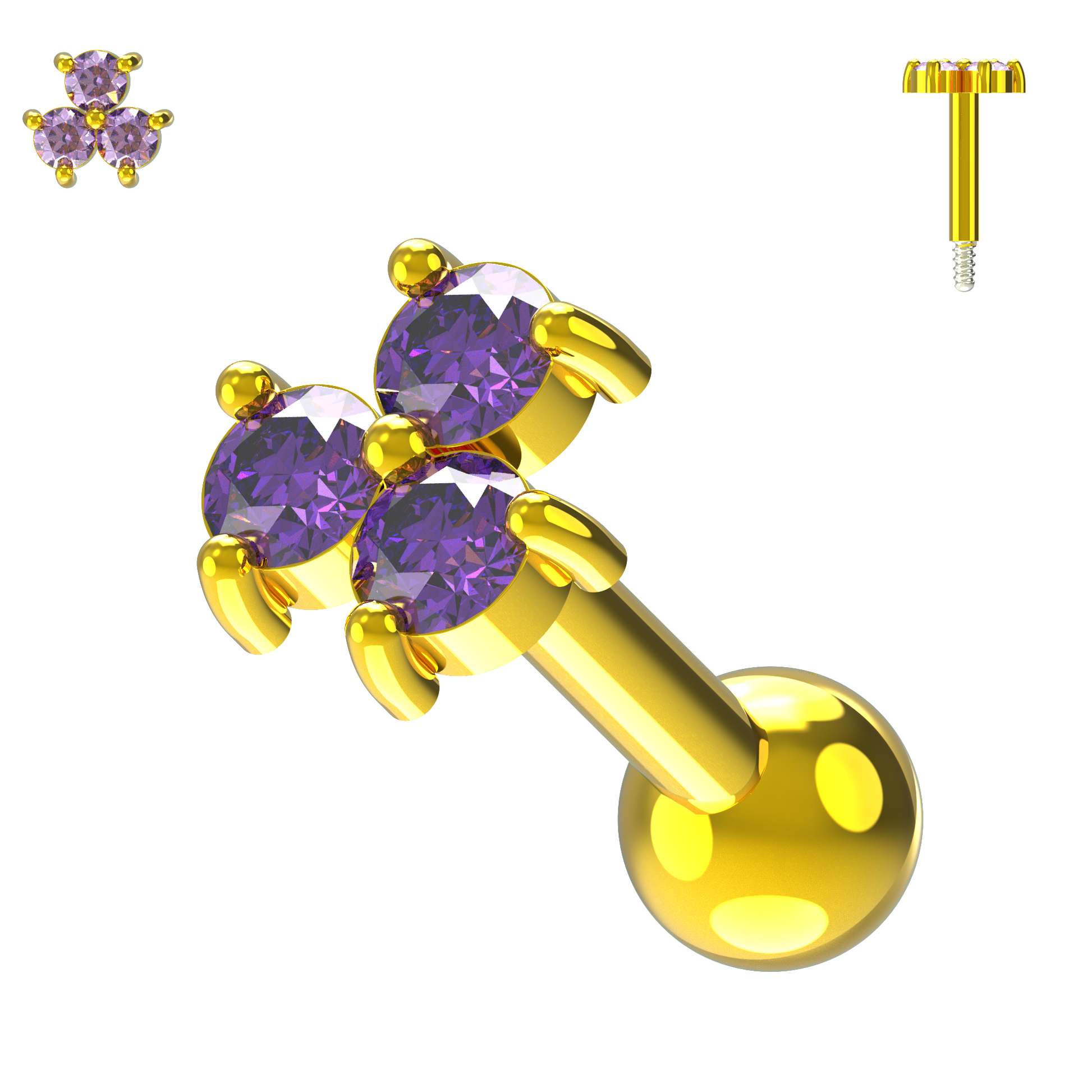 925 Sterling Silver Triple Gemstone Cartilage Ear Stud - Monster Piercing