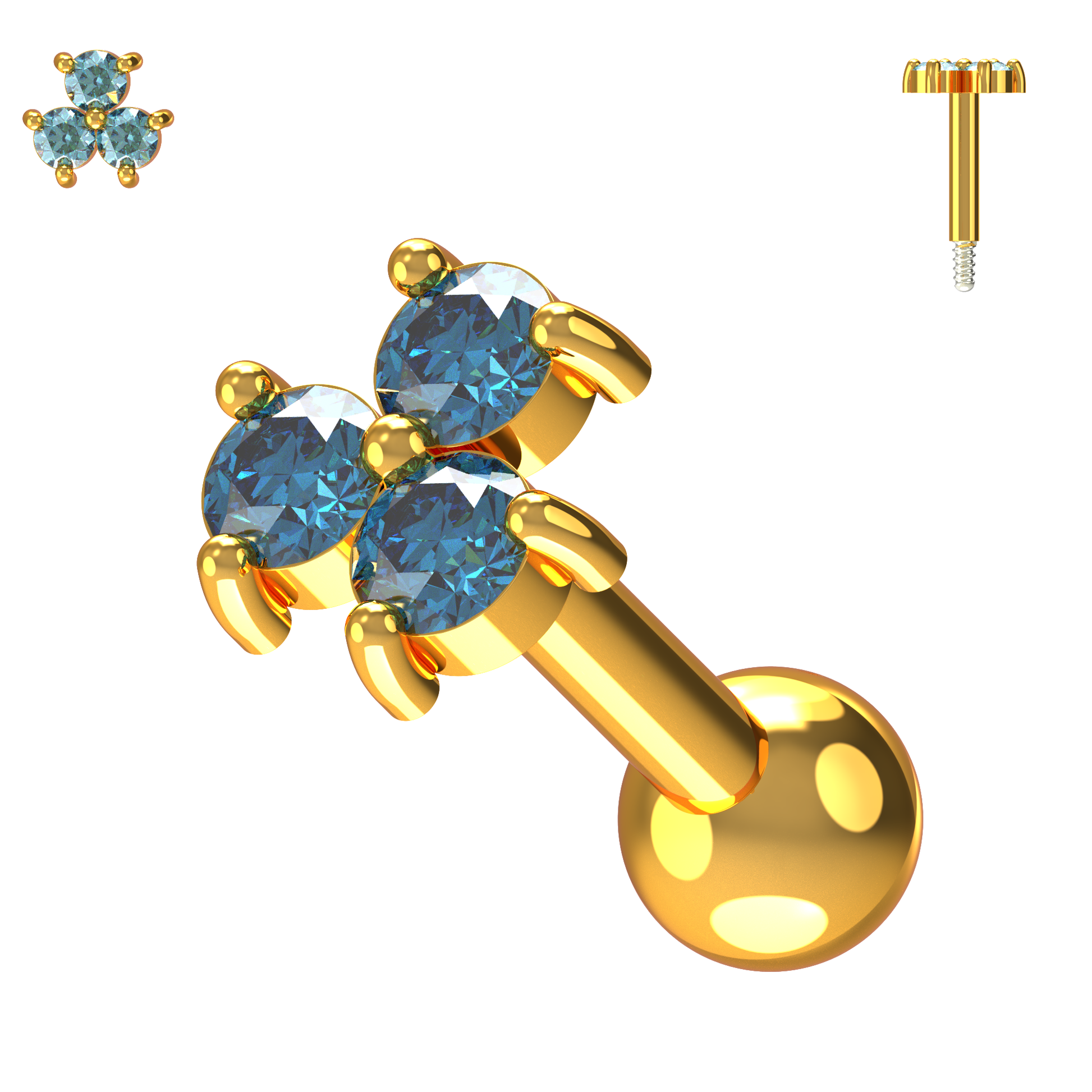 925 Sterling Silver Triple Gemstone Cartilage Ear Stud - Monster Piercing