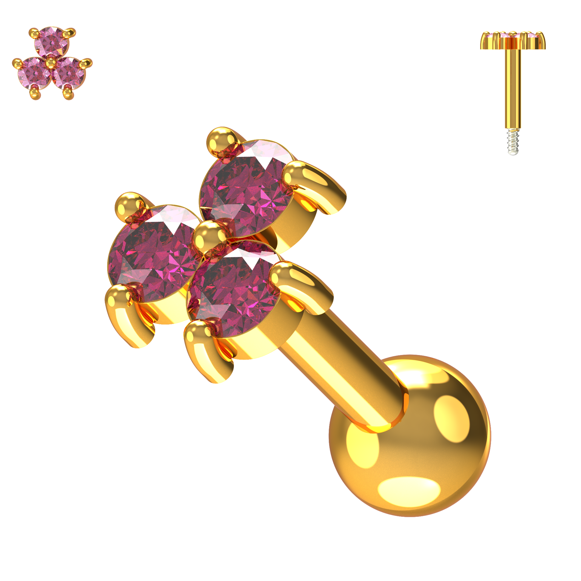 925 Sterling Silver Triple Gemstone Cartilage Ear Stud - Monster Piercing