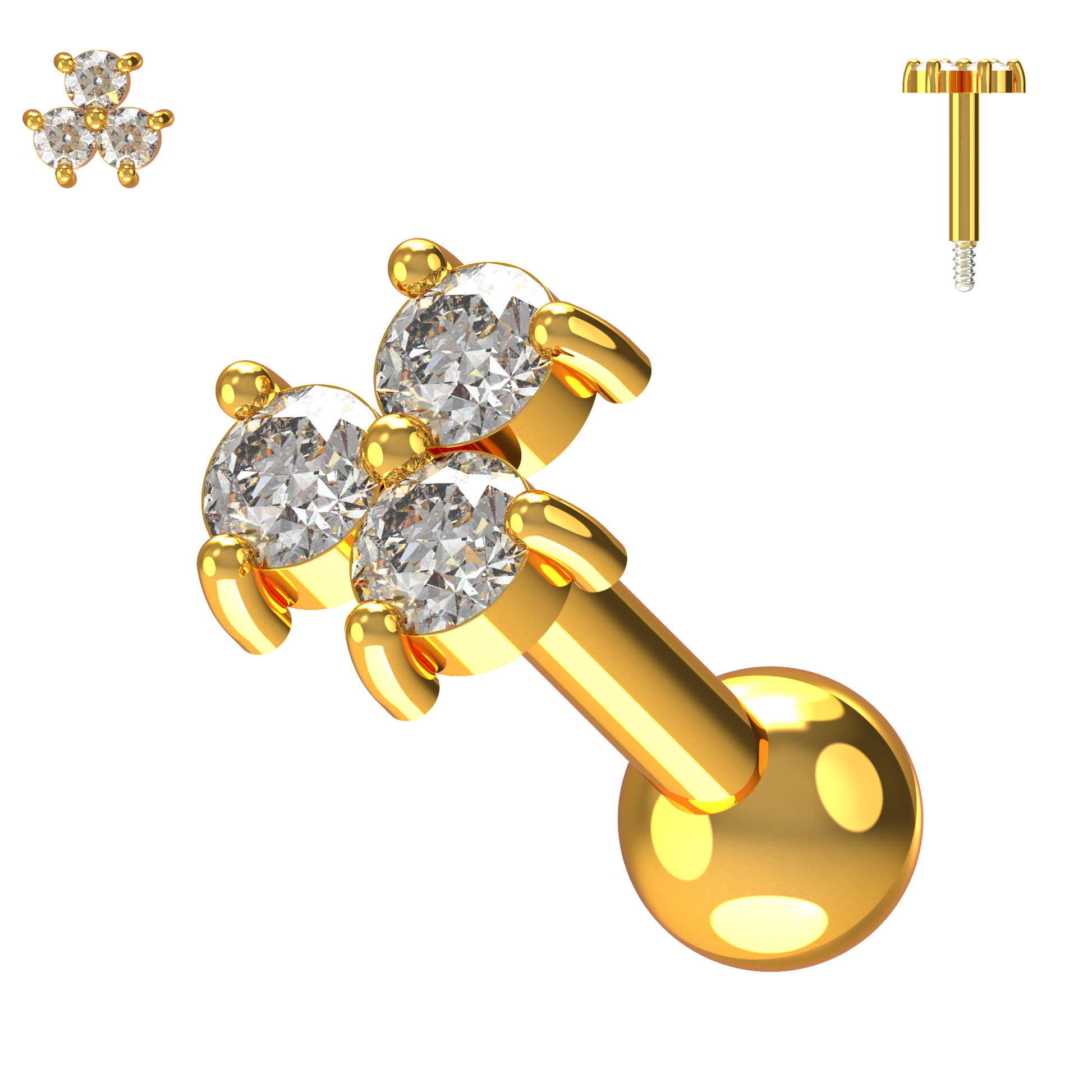 925 Sterling Silver Triple Gemstone Cartilage Ear Stud - Monster Piercing