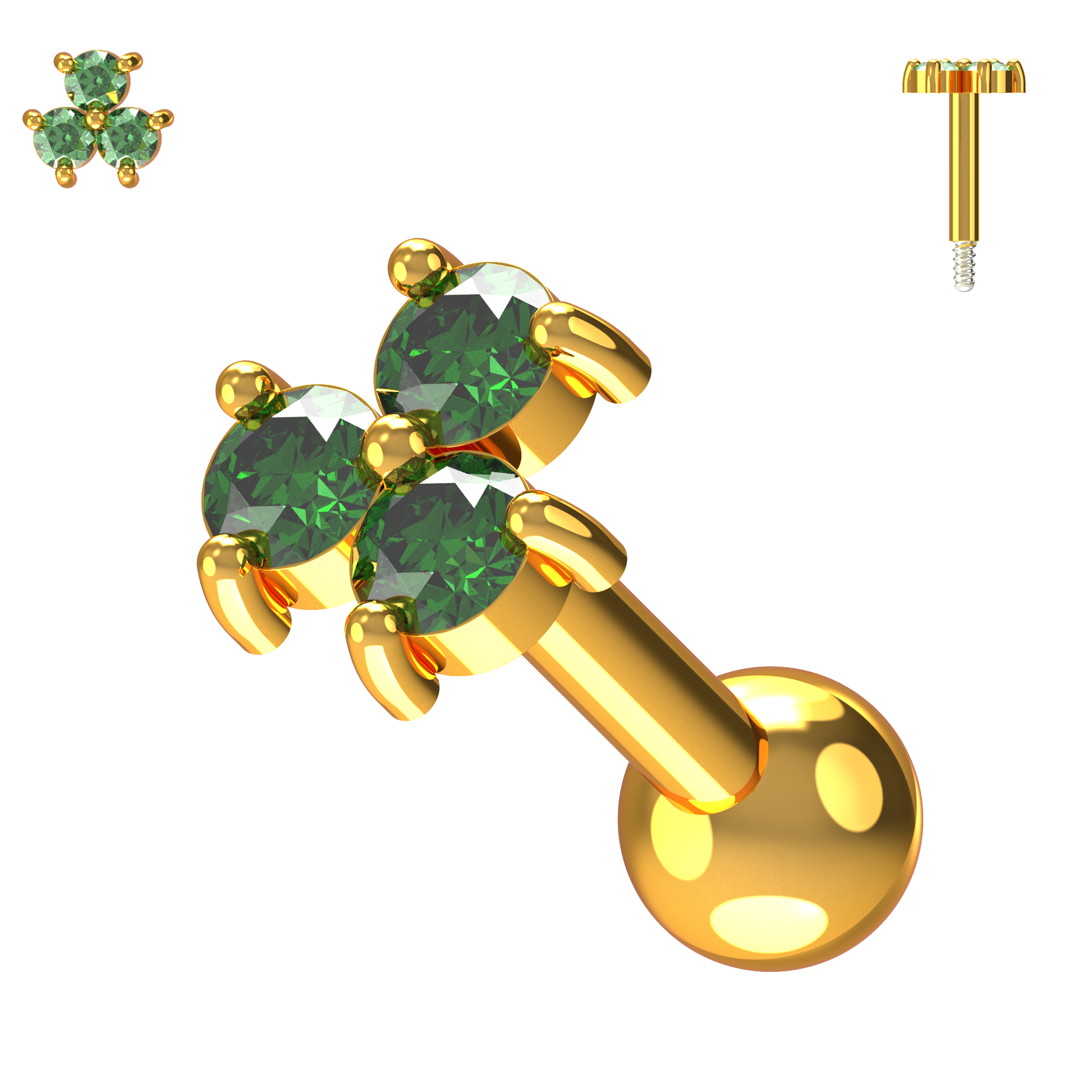 925 Sterling Silver Triple Gemstone Cartilage Ear Stud - Monster Piercing